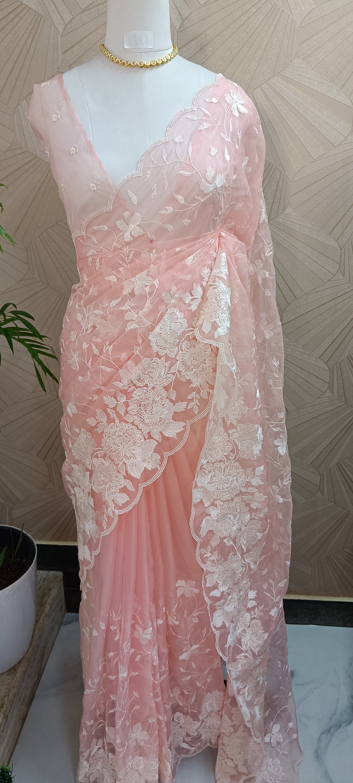 Blush Pink Floral Embroidered Organza Saree