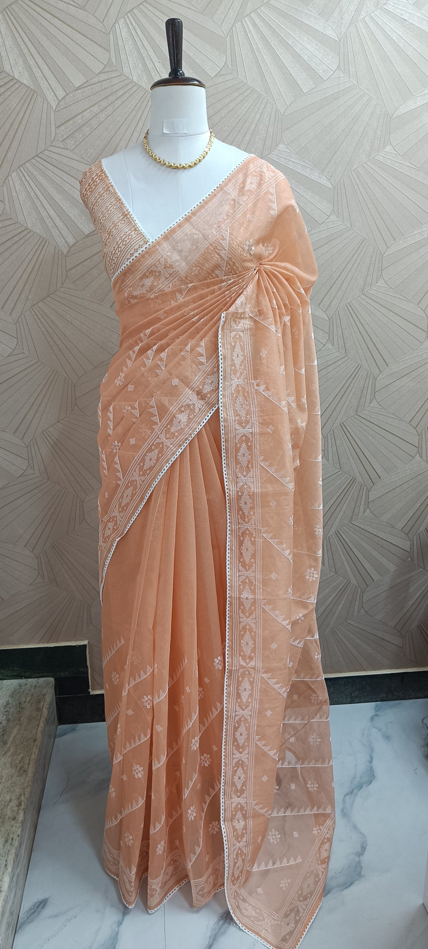 Soft Peach Kota Doria Saree with White Thread Embroidery