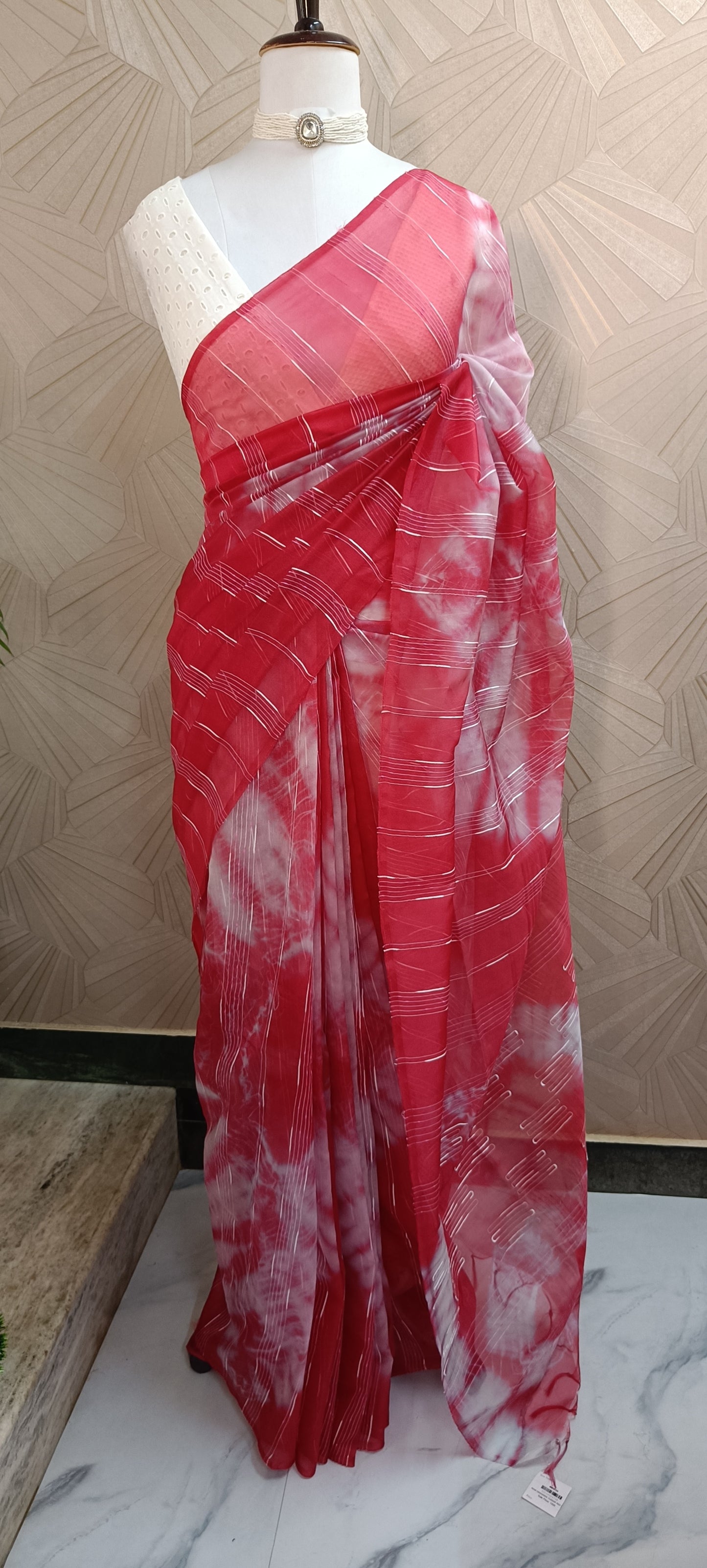Chic Red & White Semi Organza Saree - Sheer Elegance