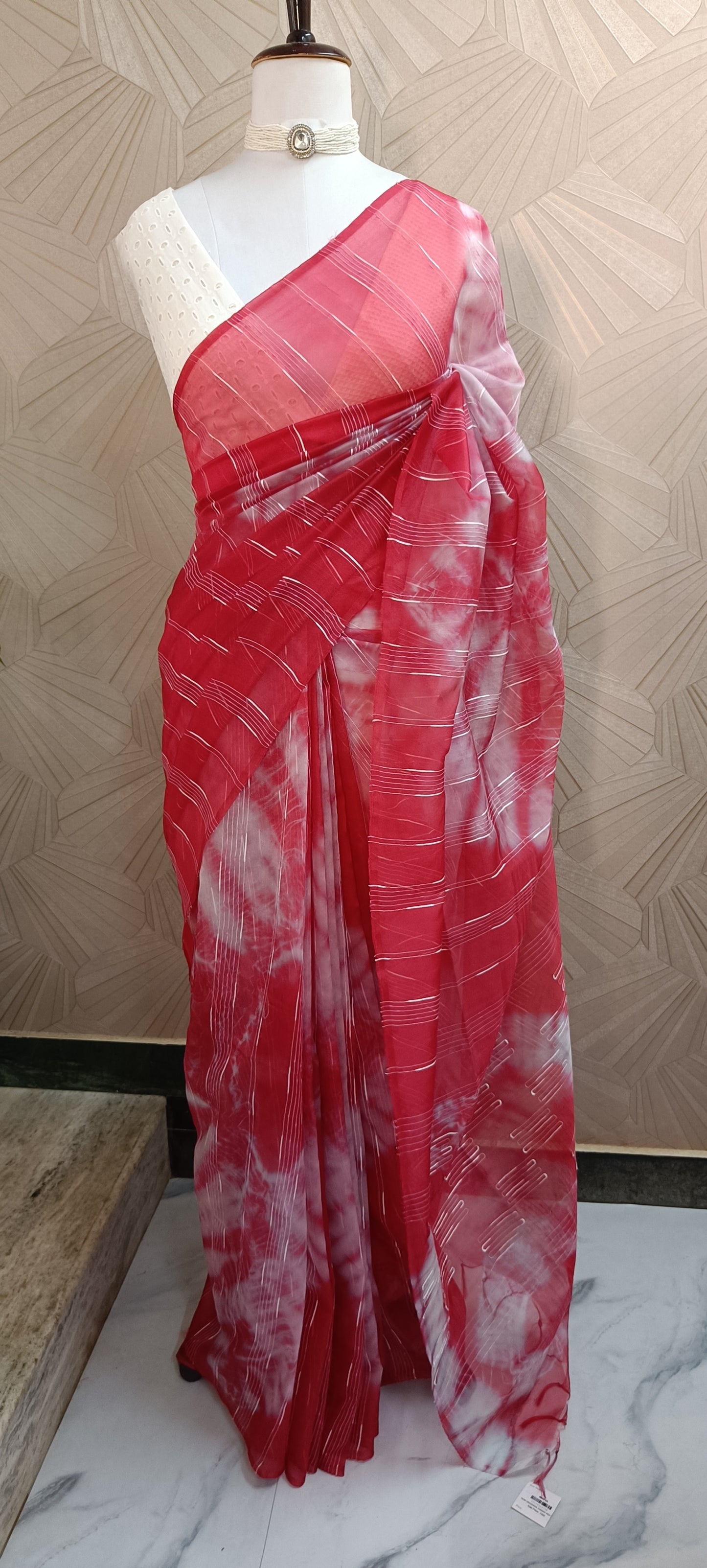 Chic Red & White Semi Organza Saree - Sheer Elegance