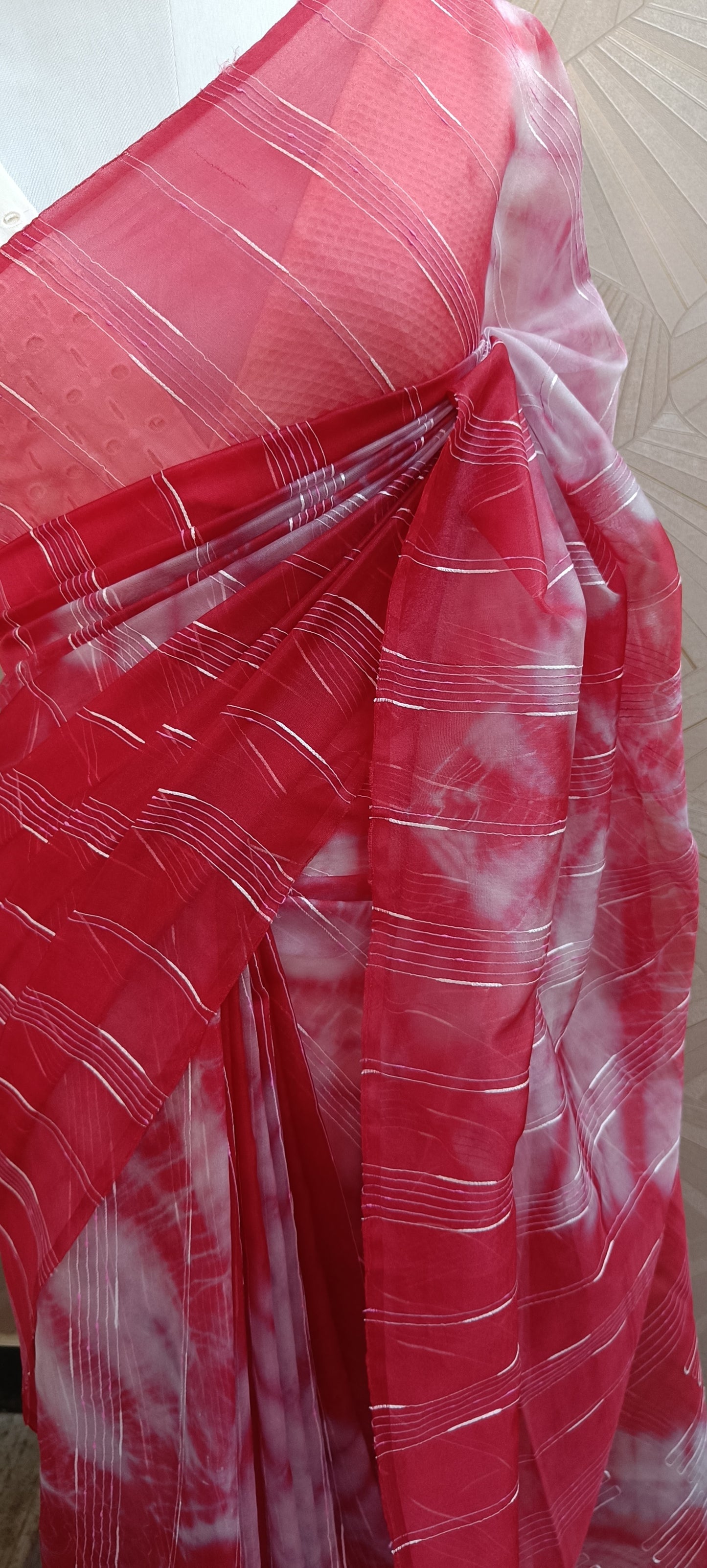 Chic Red & White Semi Organza Saree - Sheer Elegance