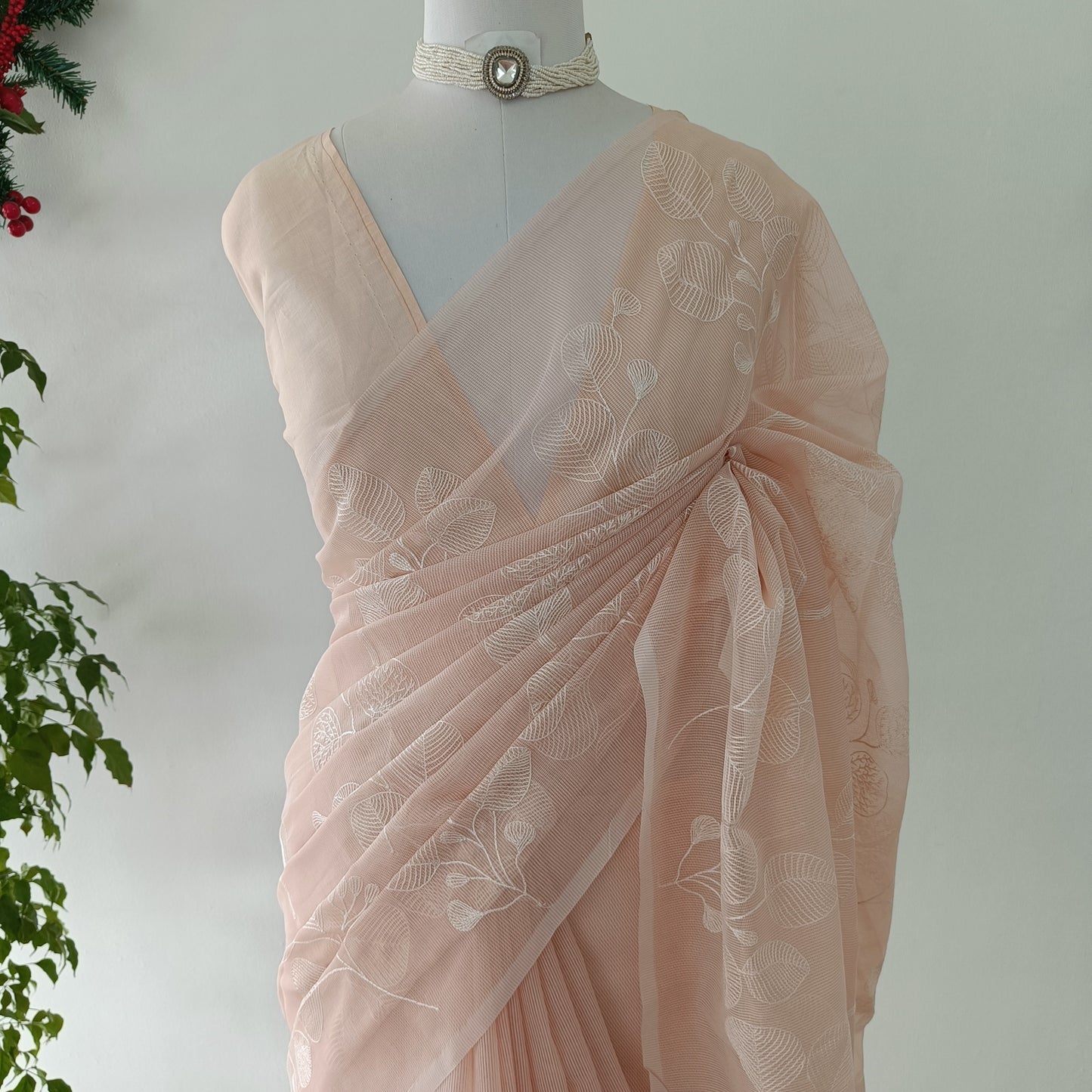 Soft Kota Doria Saree – Blush Peach with Embroidery