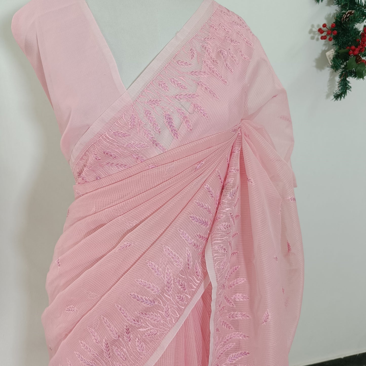 Baby Pink Kota Embroidery Saree