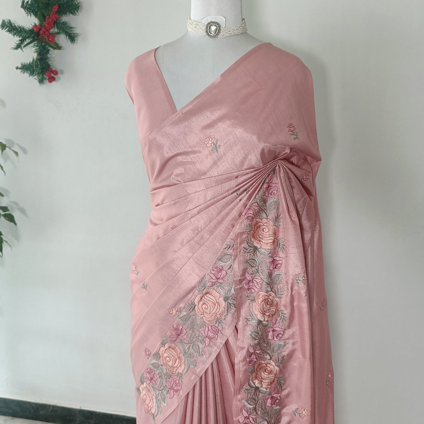 Dusty Rose Semi Silk Embroidery Saree