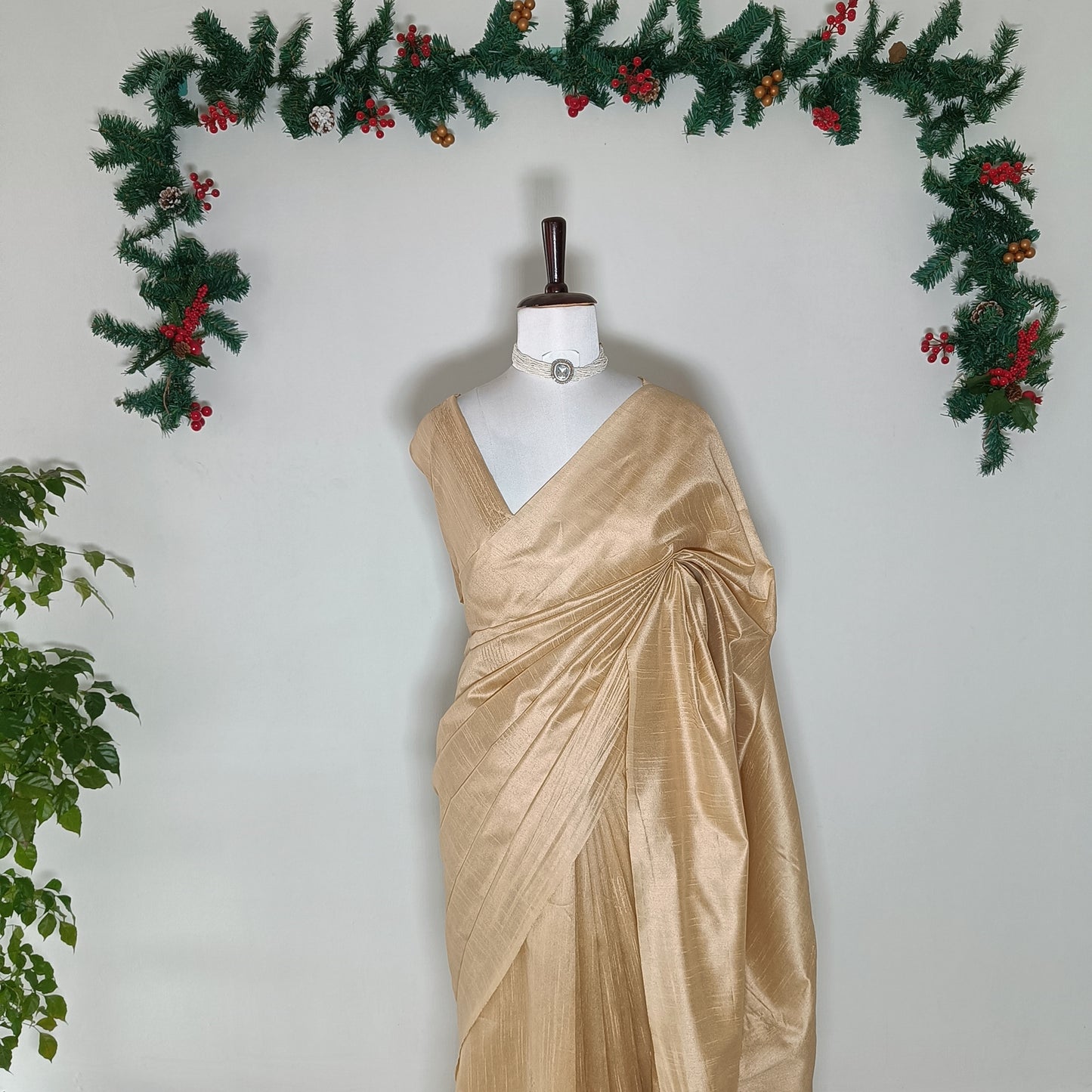 Golden Beige Plain Raw Silk Saree