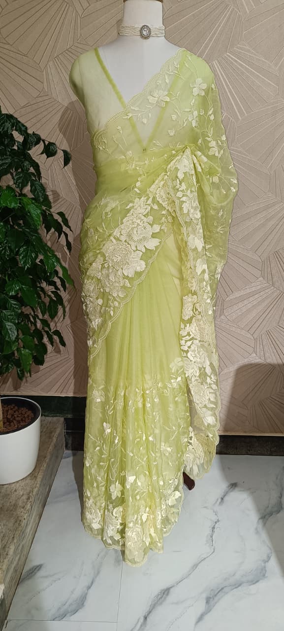 Lime Green Organza Embroidery Saree