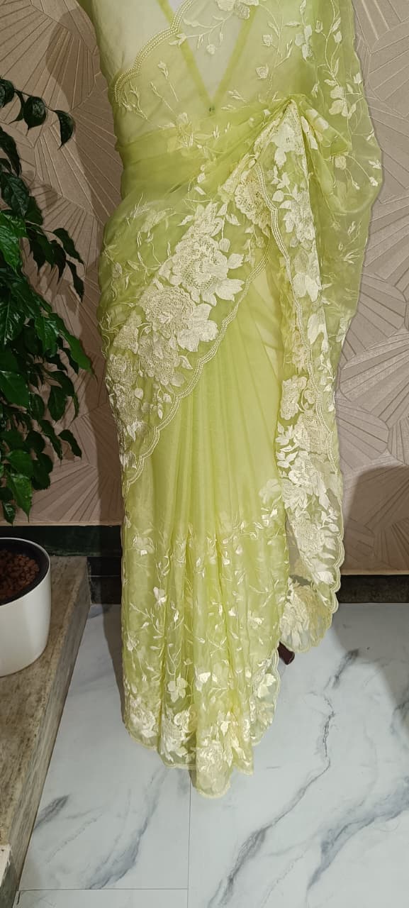 Lime Green Organza Embroidery Saree