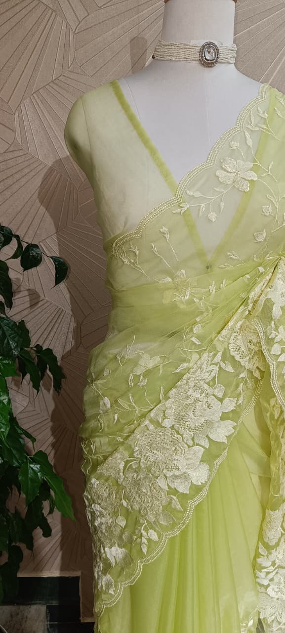 Lime Green Organza Embroidery Saree