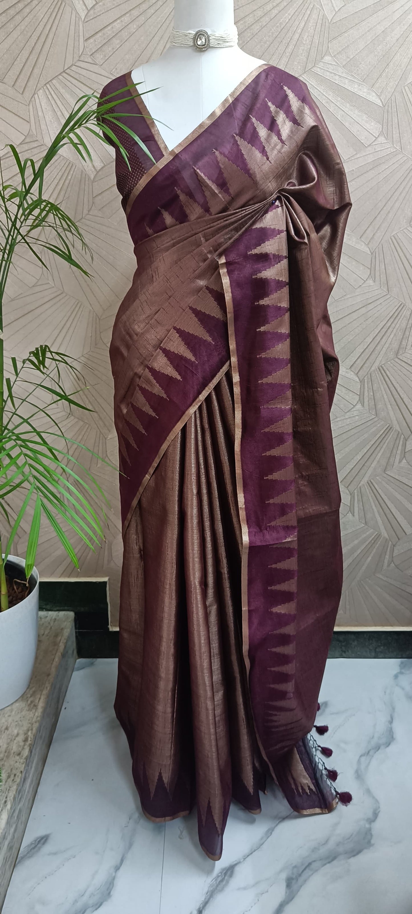 Temple border Copper Silk Saree