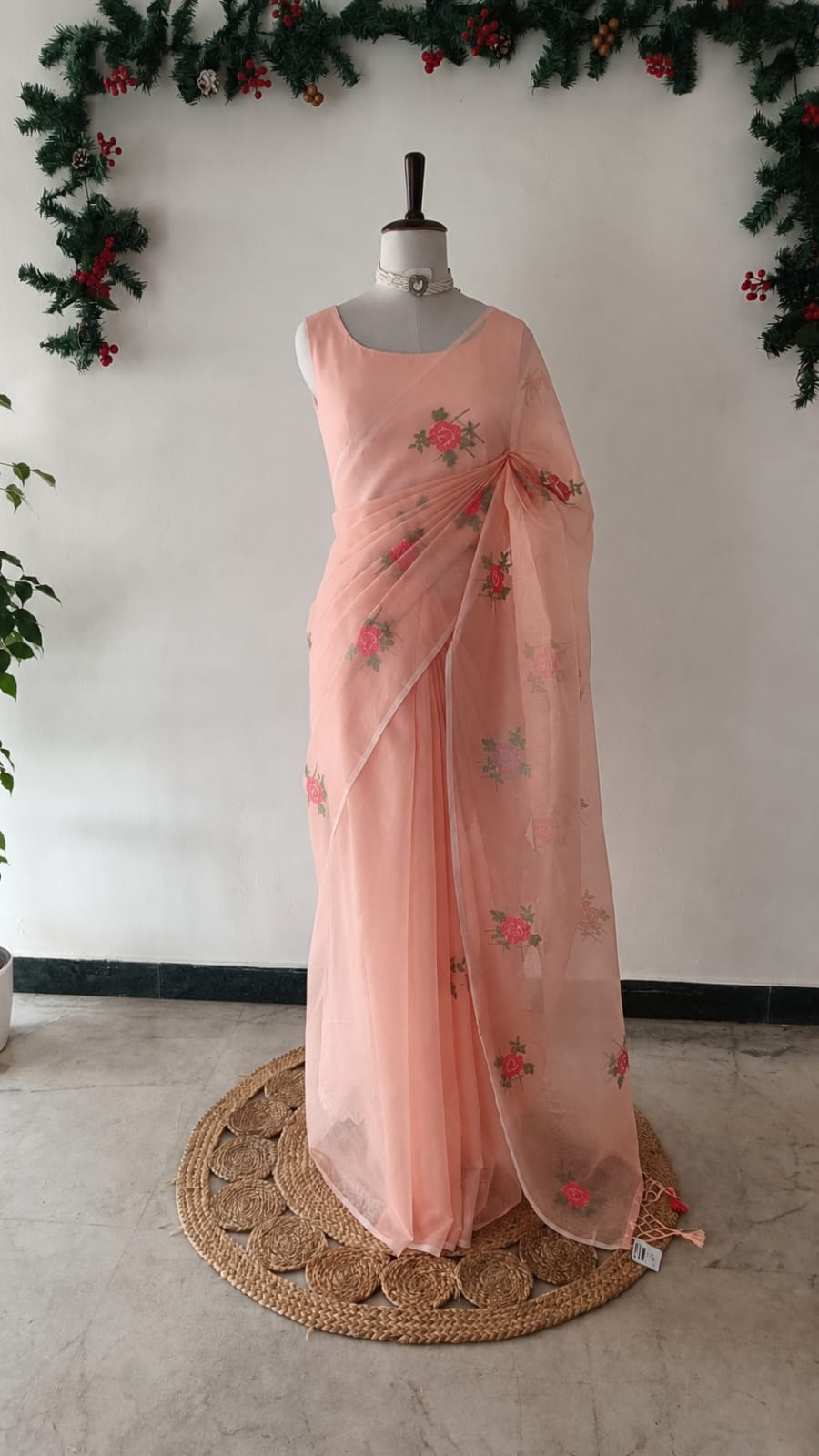 Peach kota cross-stitch Rose Embroidered Saree