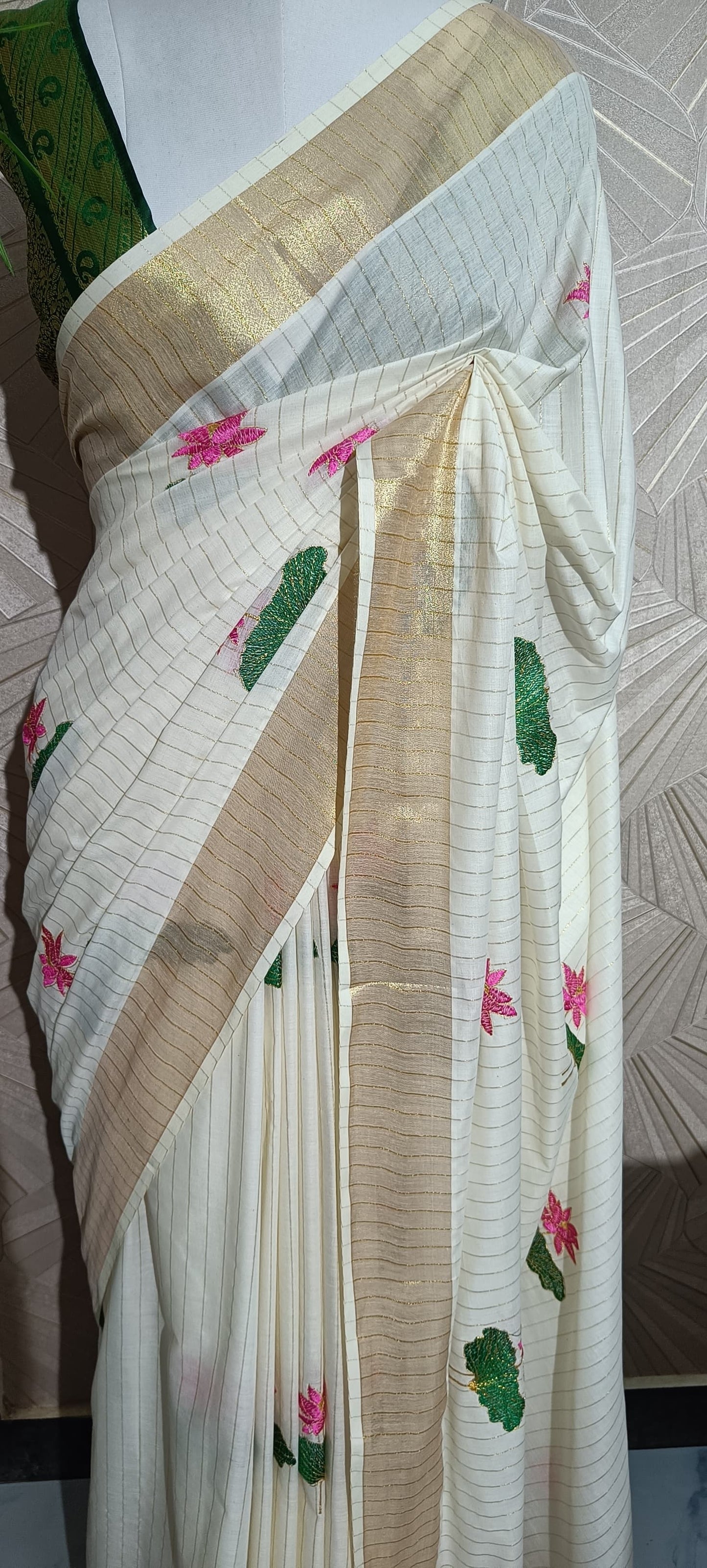 Kerala Kasavu Saree with Lotus Embroidery and Golden Stripes