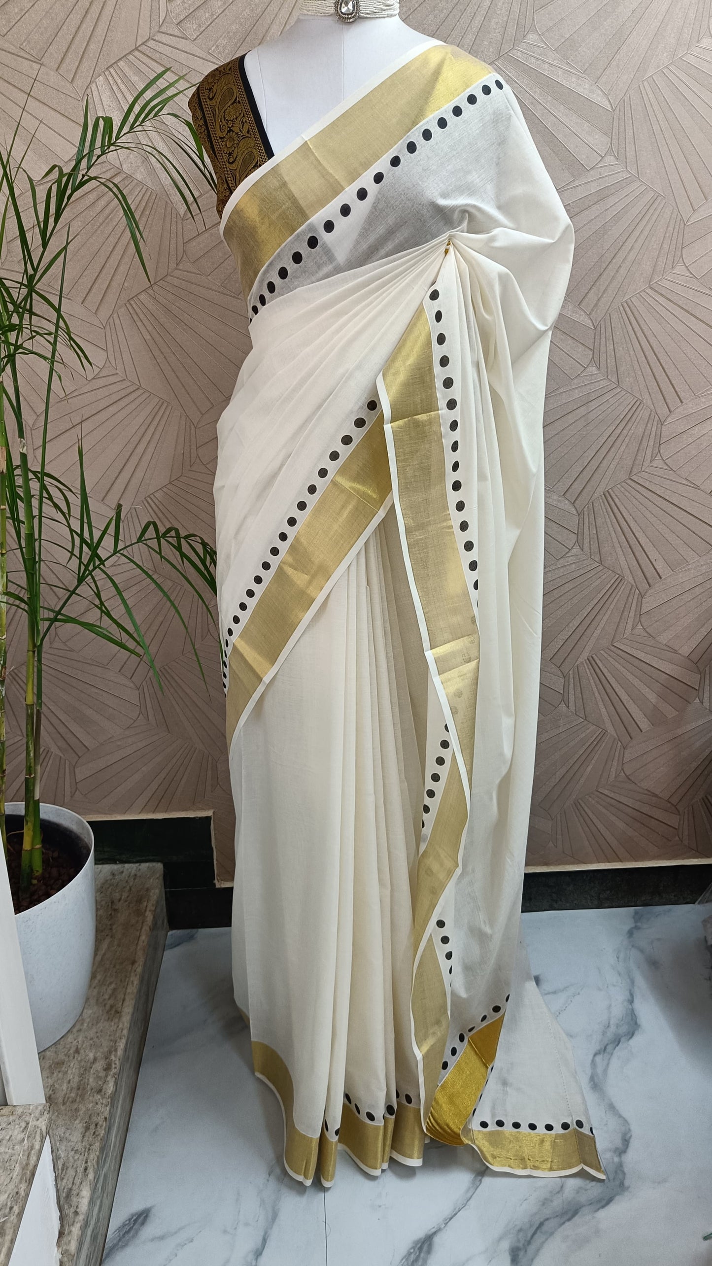 Kerala Cotton Saree with Golden Zari Border & Polka Detailing