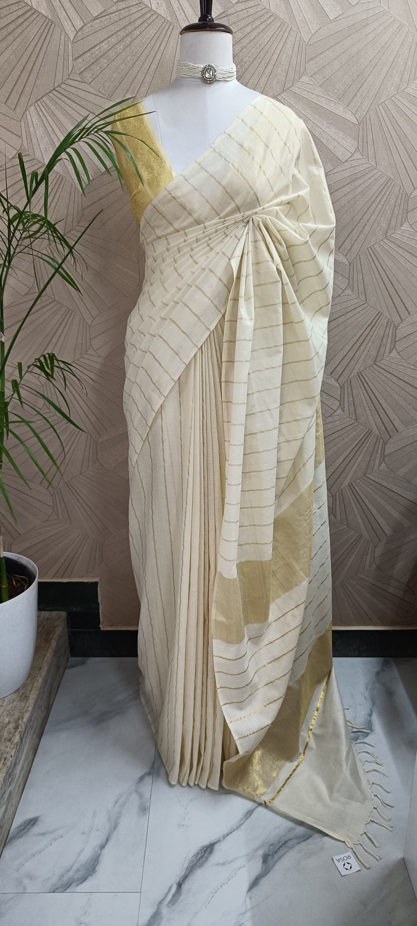 Kasavu Cotton Saree with Subtle Golden Stripes