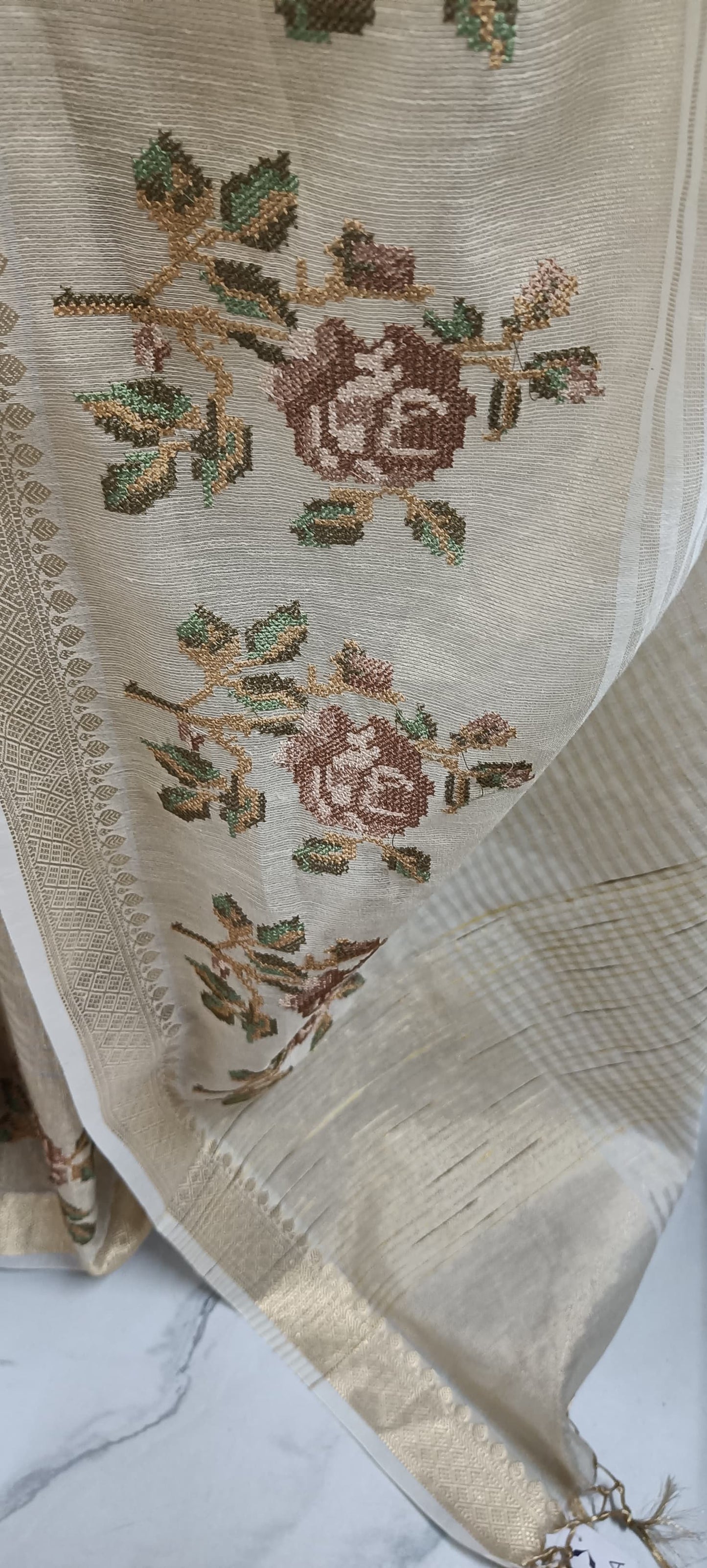 Ivory Tissue Saree with Cross-Stitch Floral Embroidery