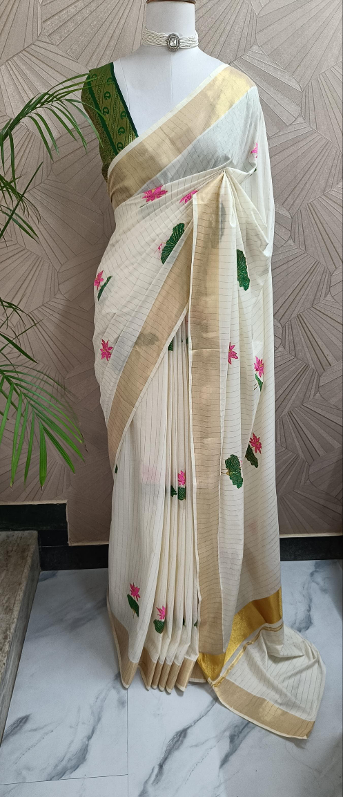 Kerala Kasavu Saree with Lotus Embroidery and Golden Stripes