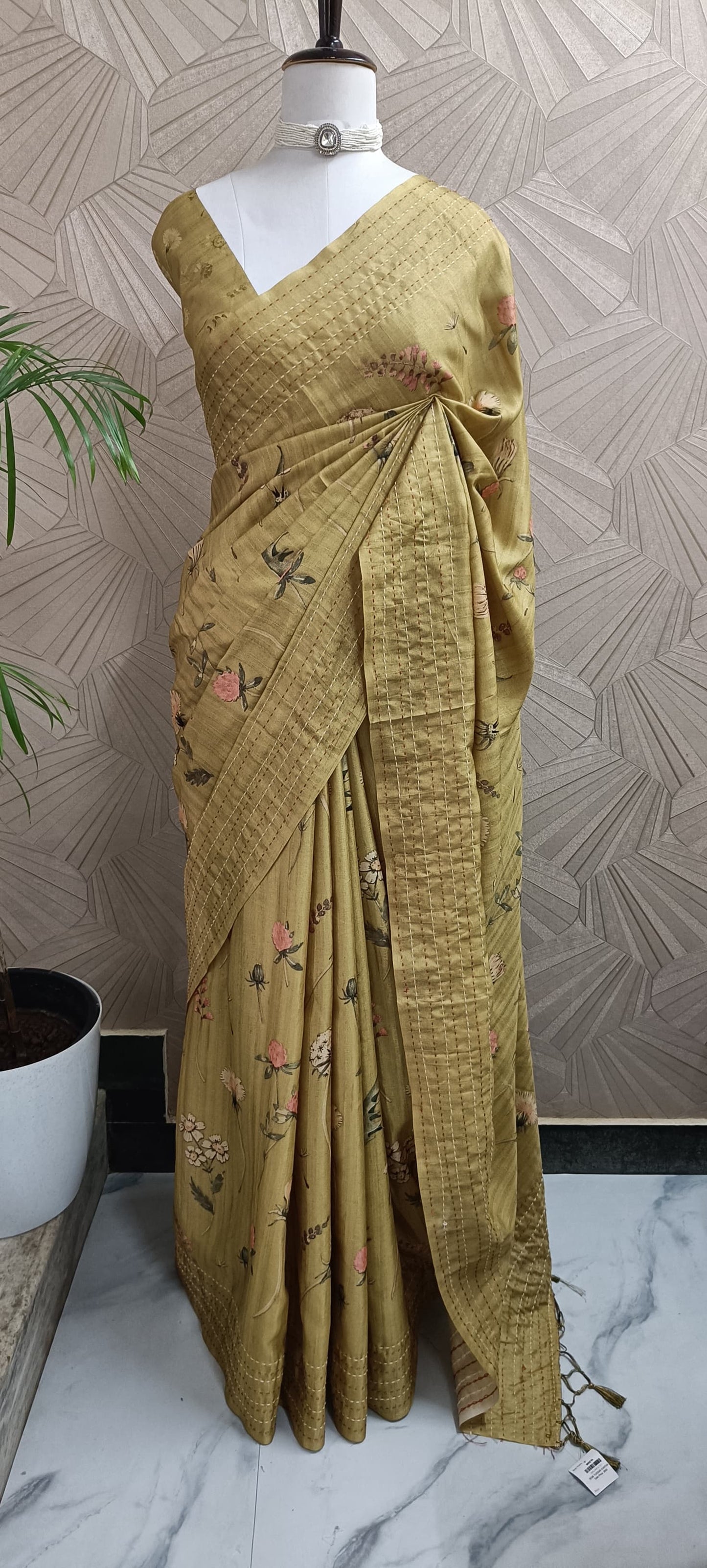 Mustard colour Digital Floral Print Saree With Kantha Work