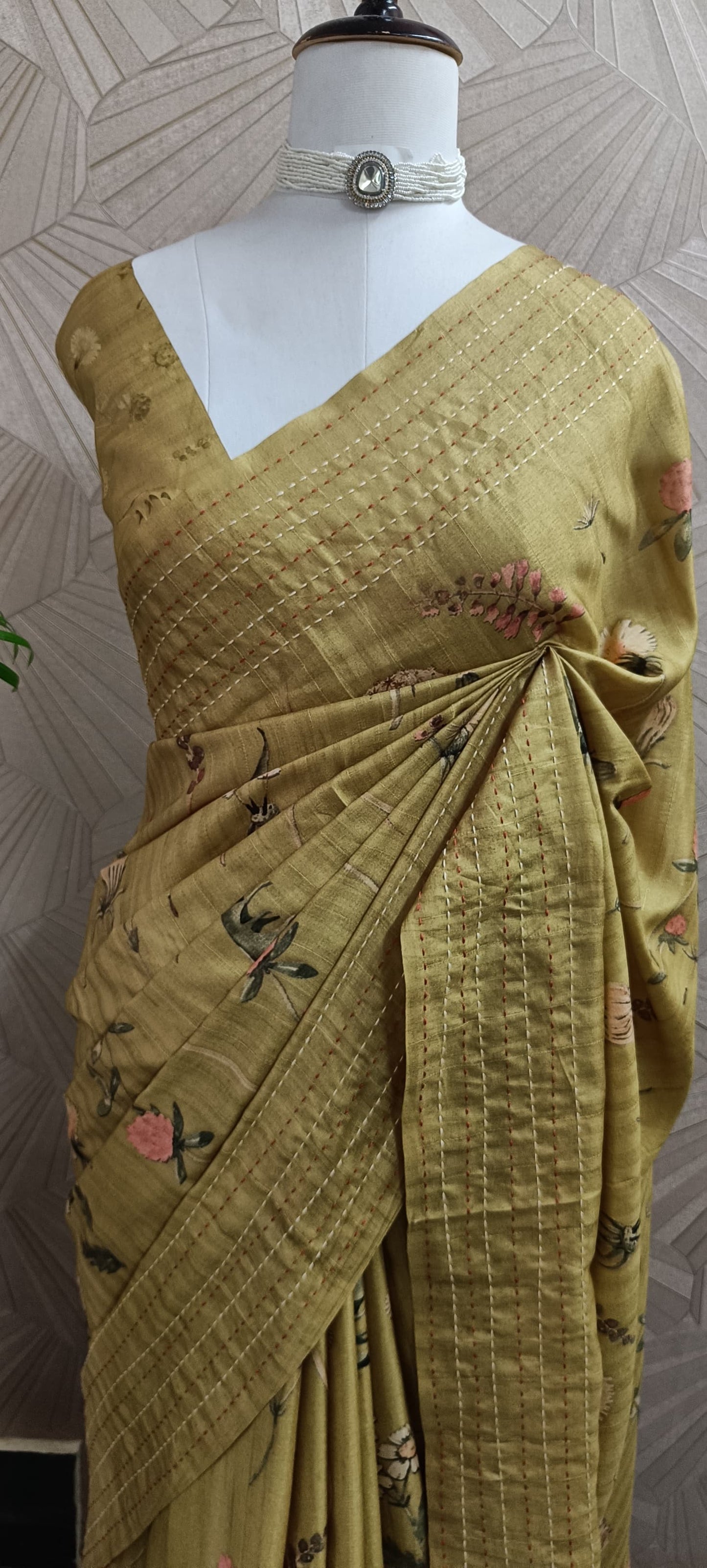 Mustard colour Digital Floral Print Saree With Kantha Work