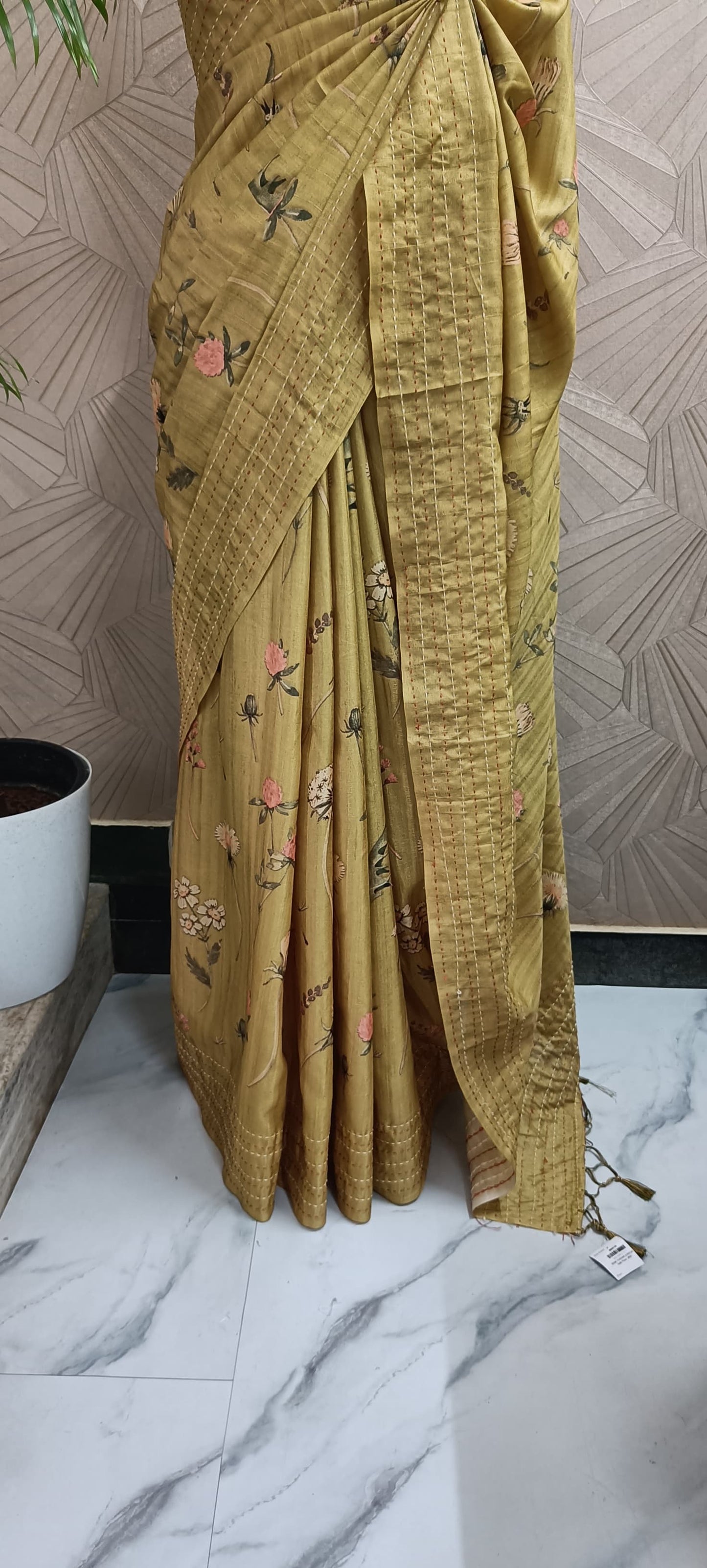 Mustard colour Digital Floral Print Saree With Kantha Work