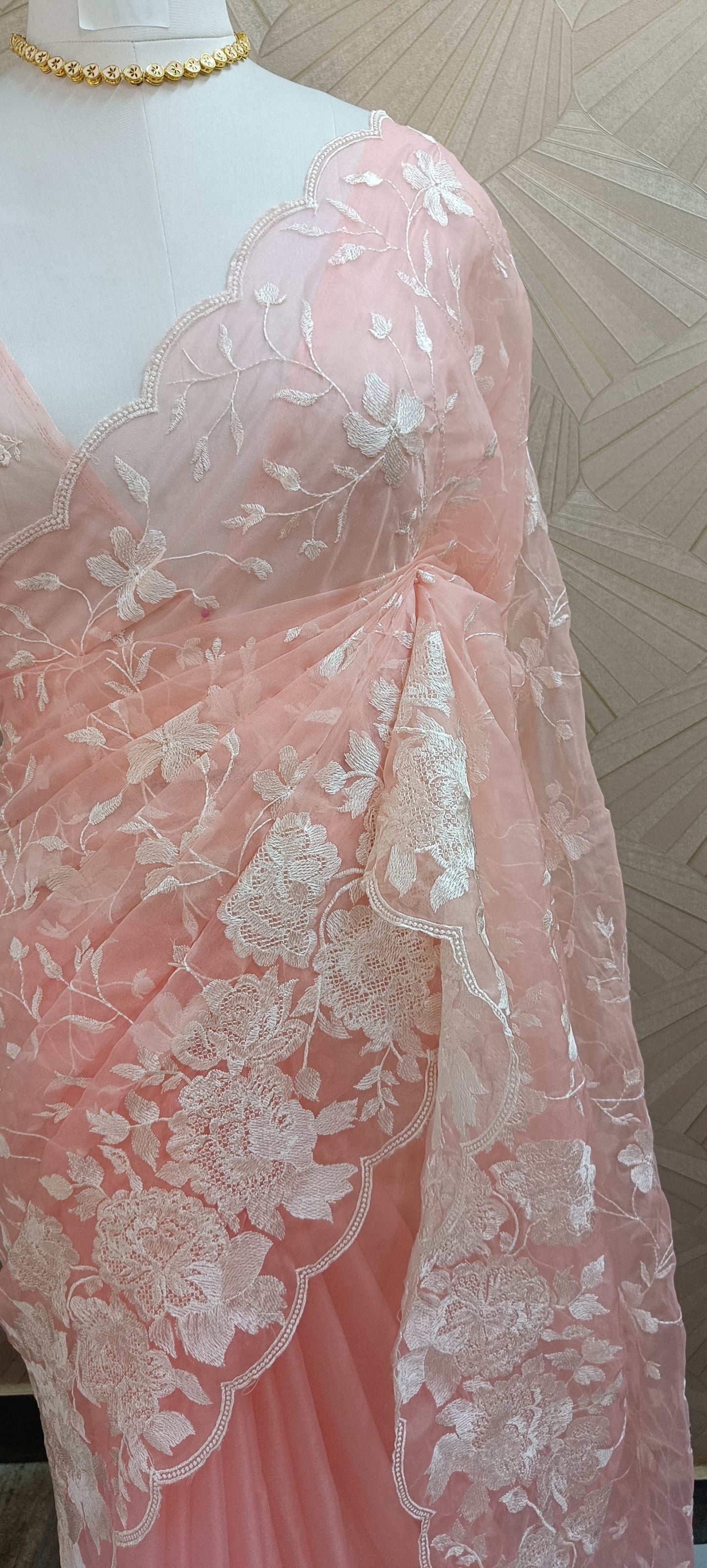 Blush Pink Floral Embroidered Organza Saree