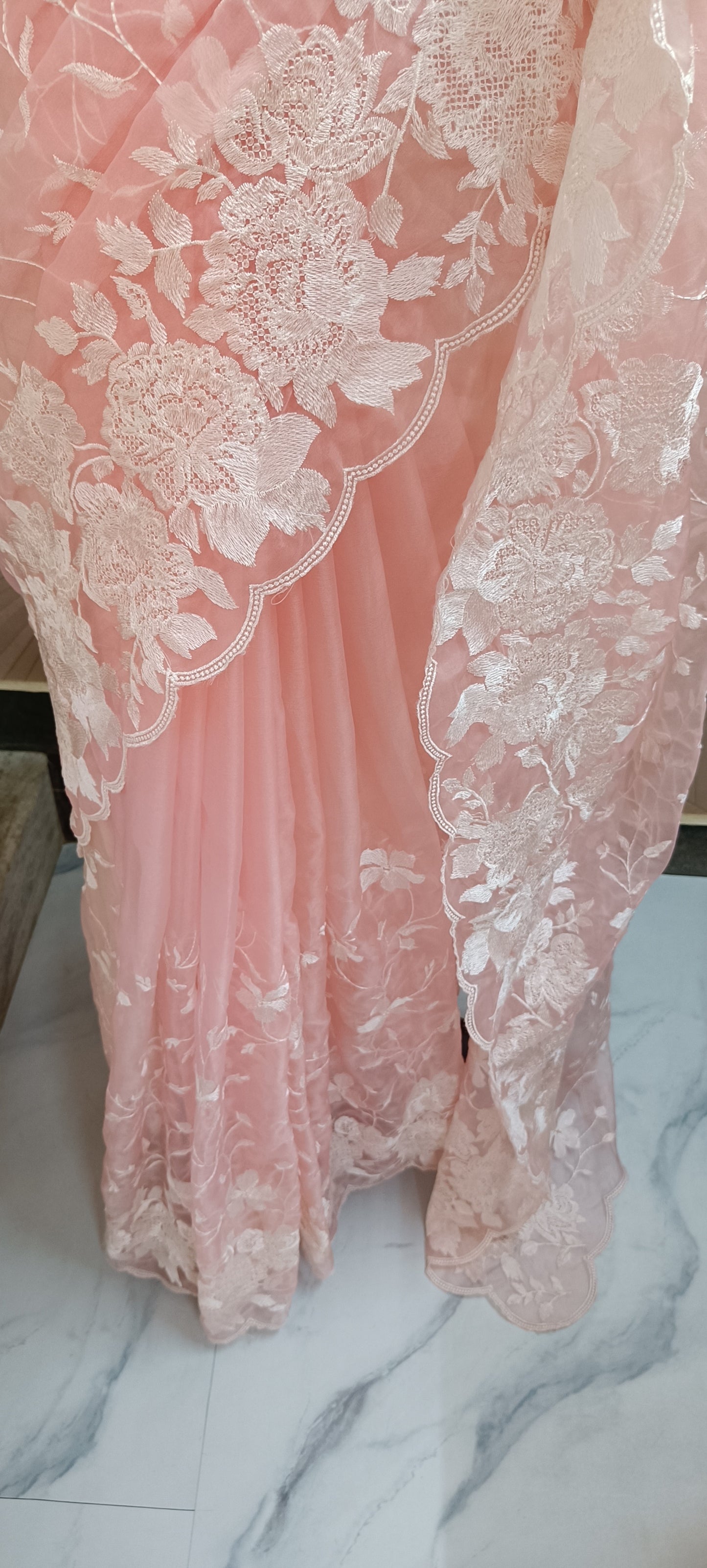 Blush Pink Floral Embroidered Organza Saree