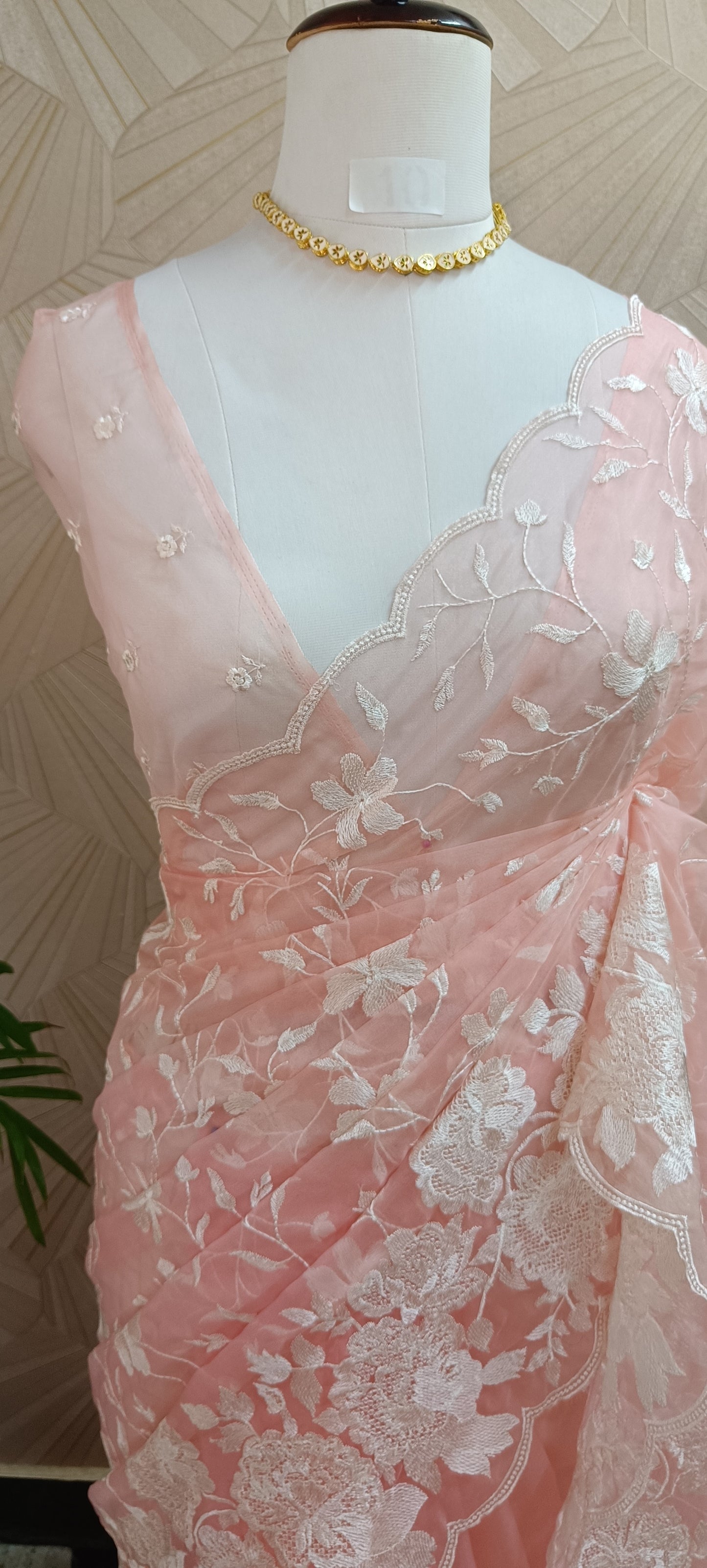 Blush Pink Floral Embroidered Organza Saree