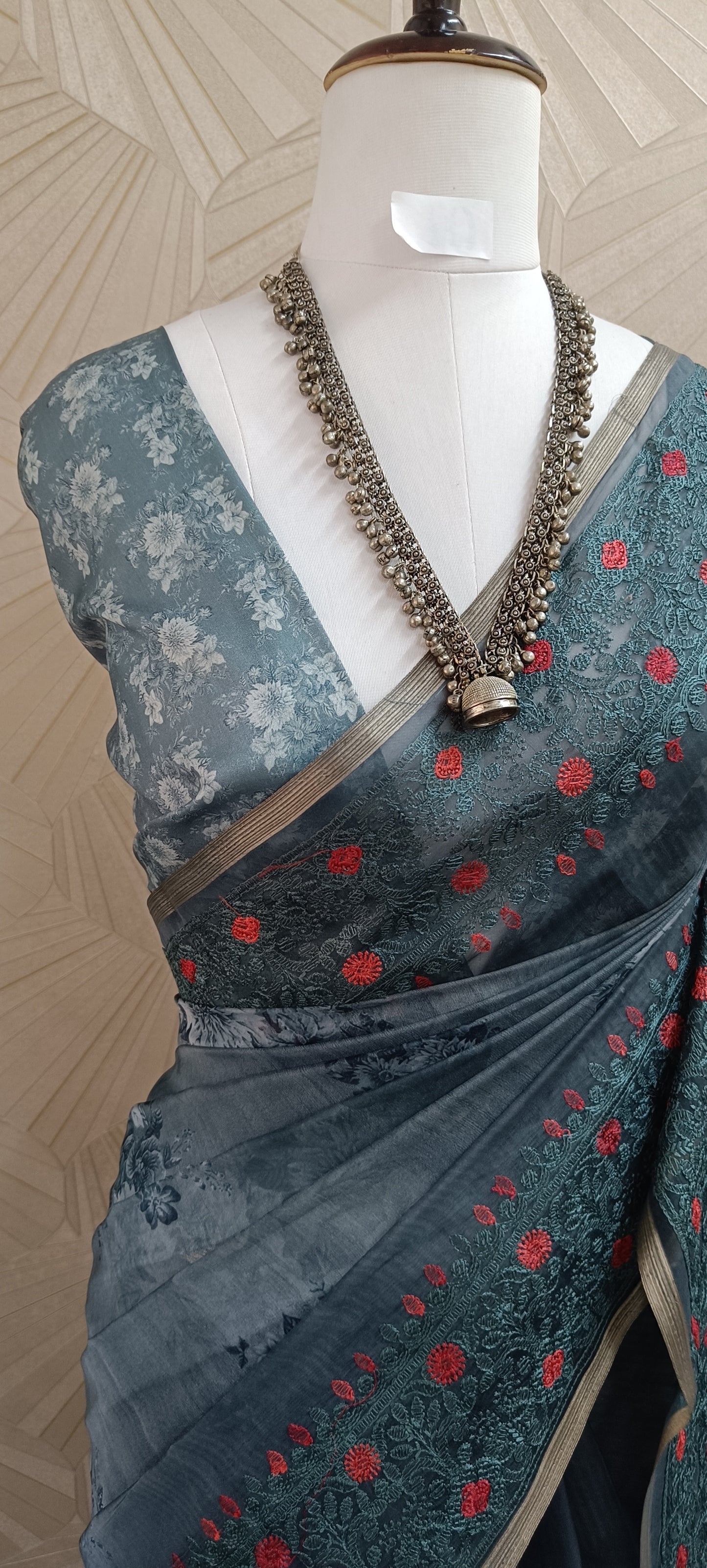 Smokey Grey Floral Organza Saree with Teal & Red Embroidered Border