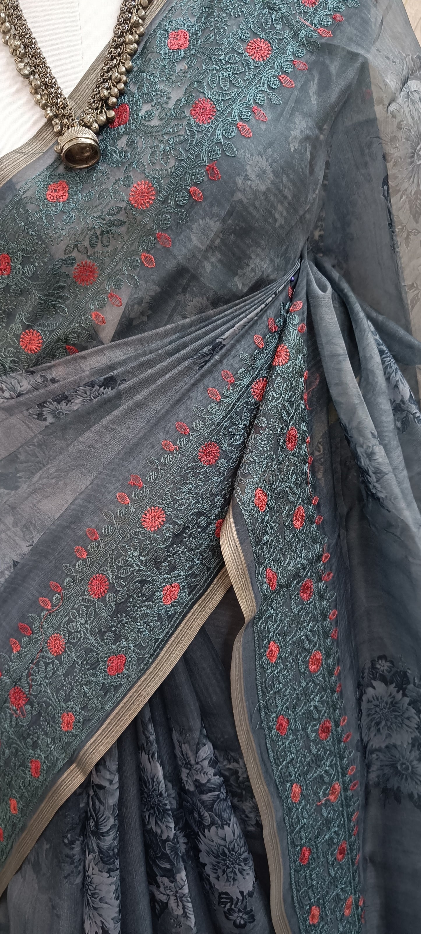 Smokey Grey Floral Organza Saree with Teal & Red Embroidered Border