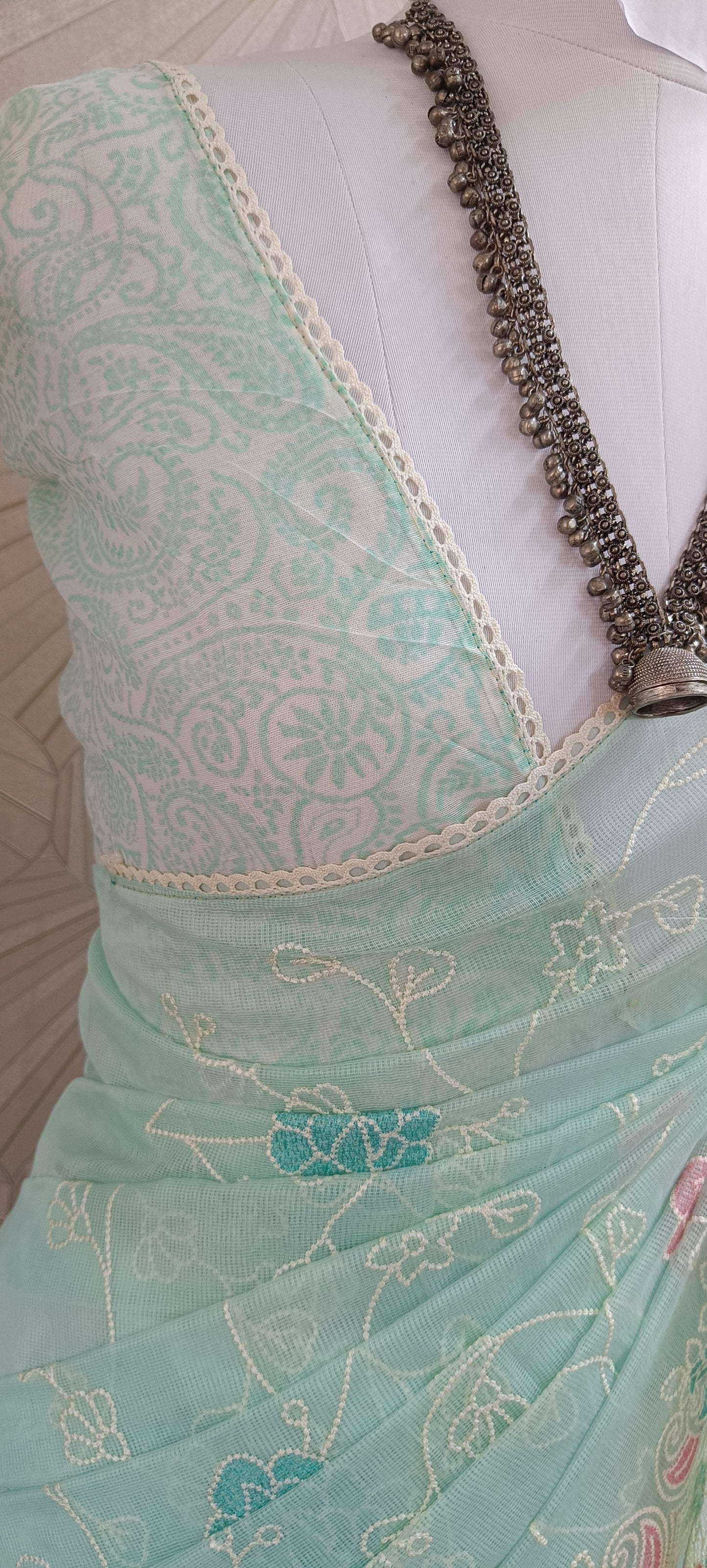 Pastel Embroidered Net Saree With Multicolor Floral Border