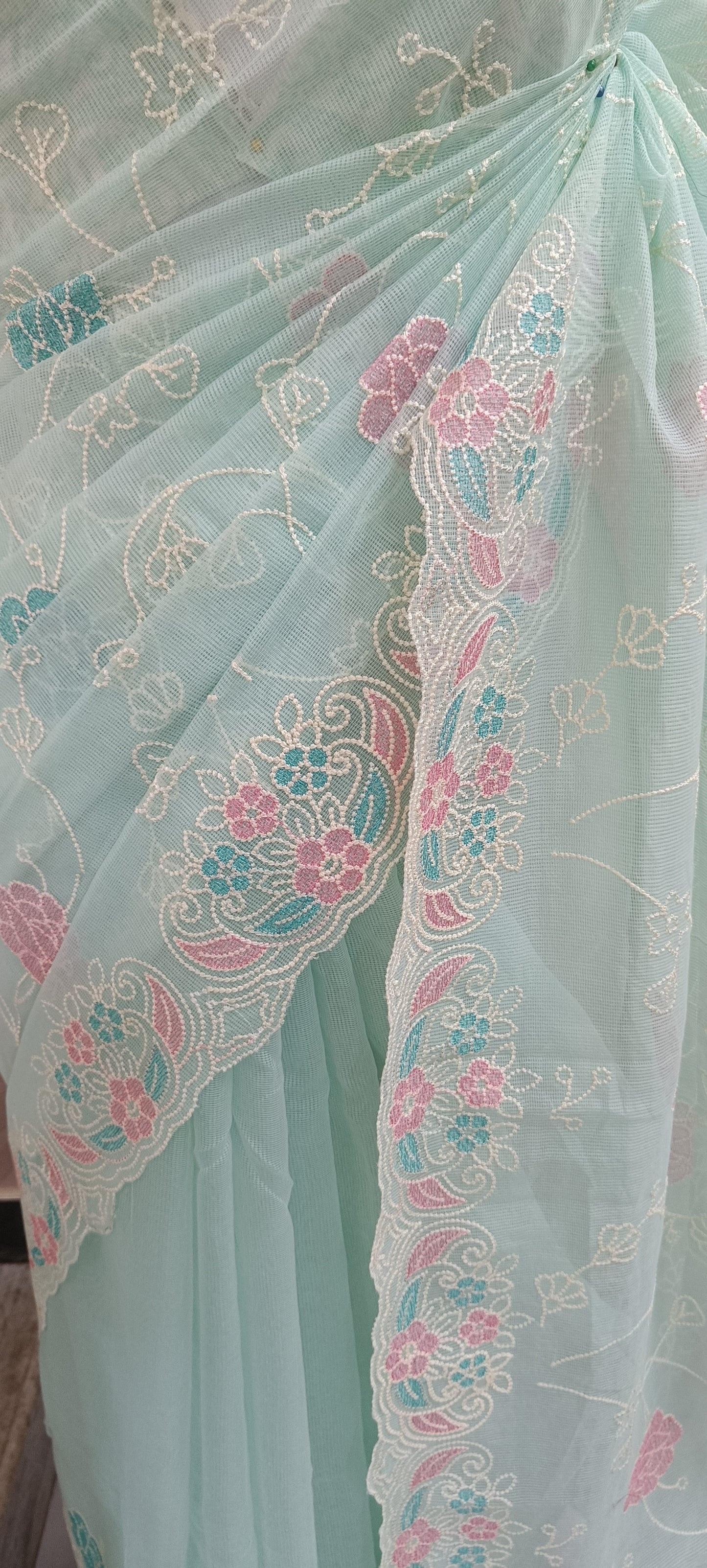Pastel Embroidered Net Saree With Multicolor Floral Border