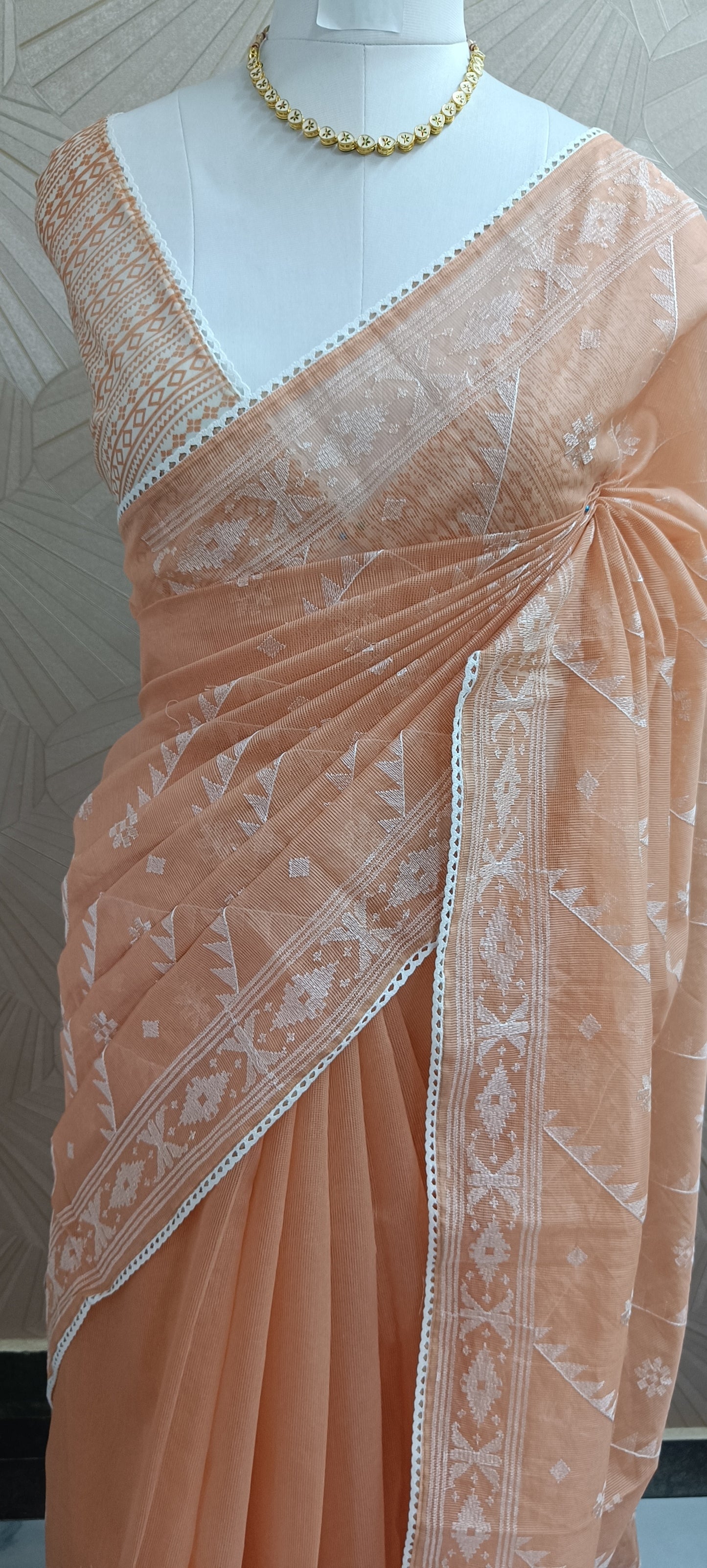 Soft Peach Kota Doria Saree with White Thread Embroidery