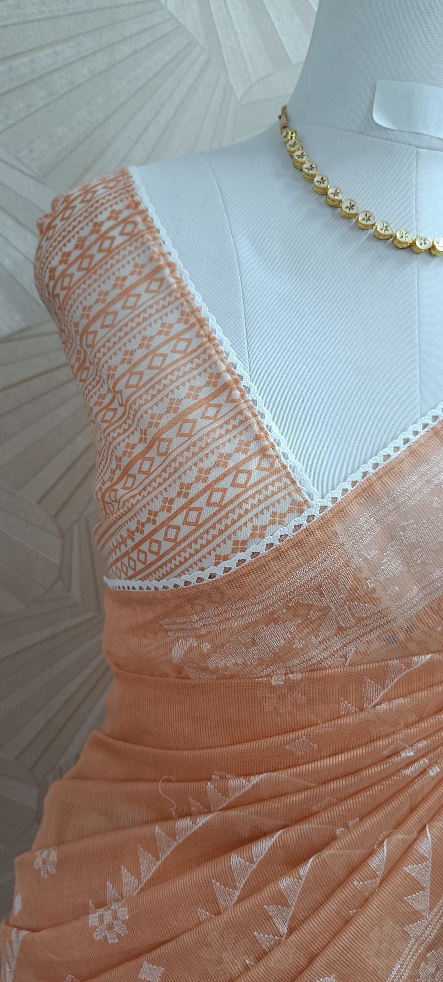 Soft Peach Kota Doria Saree with White Thread Embroidery