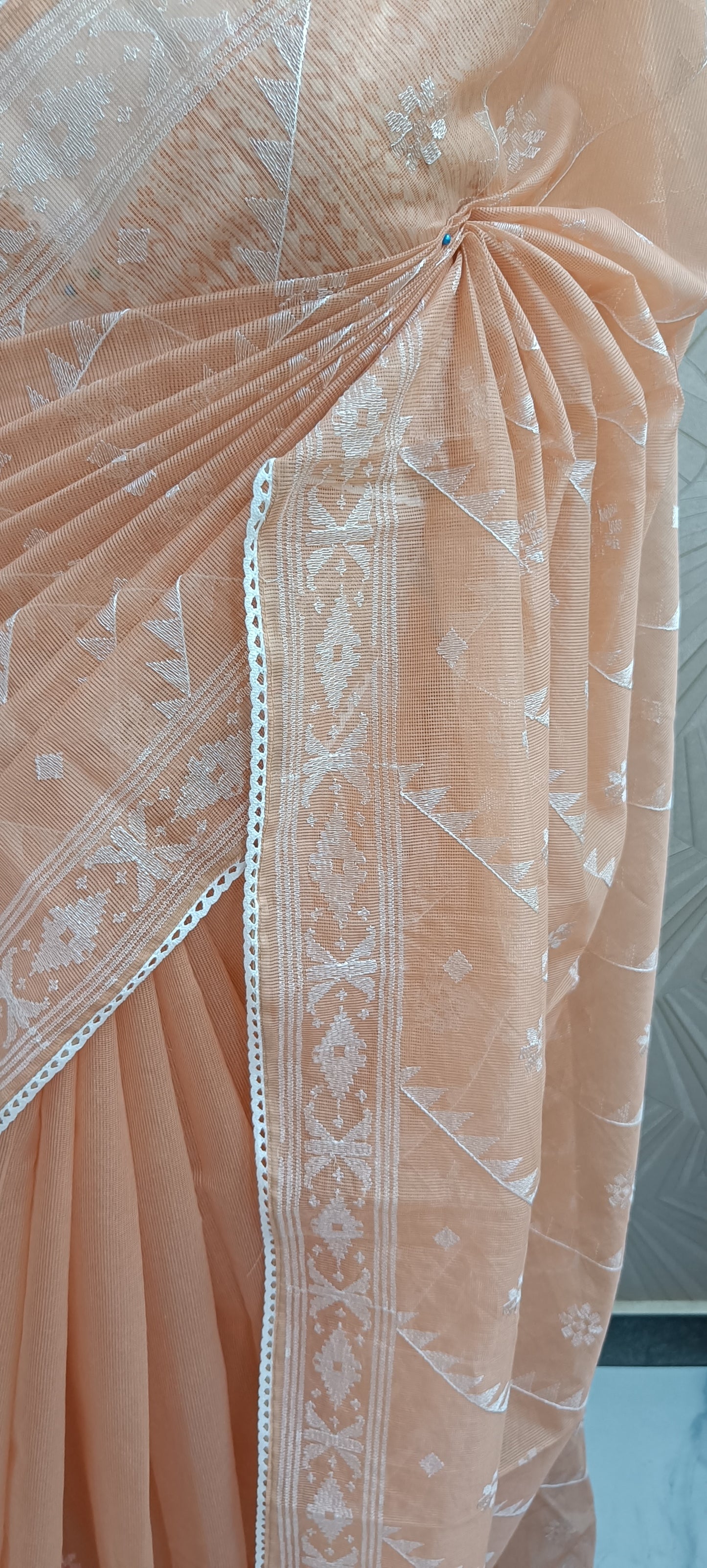 Soft Peach Kota Doria Saree with White Thread Embroidery