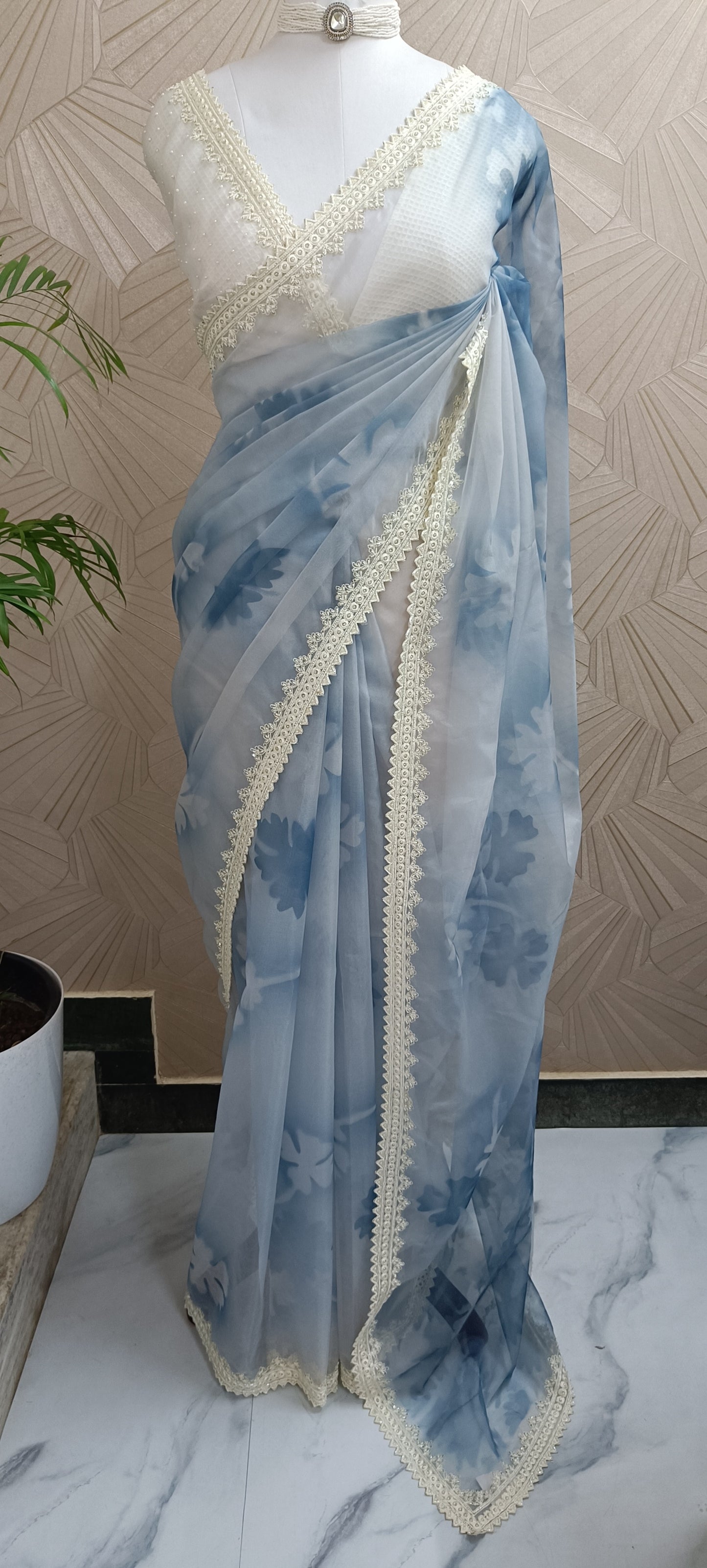 Semi Organza Saree with Pearl Work Border