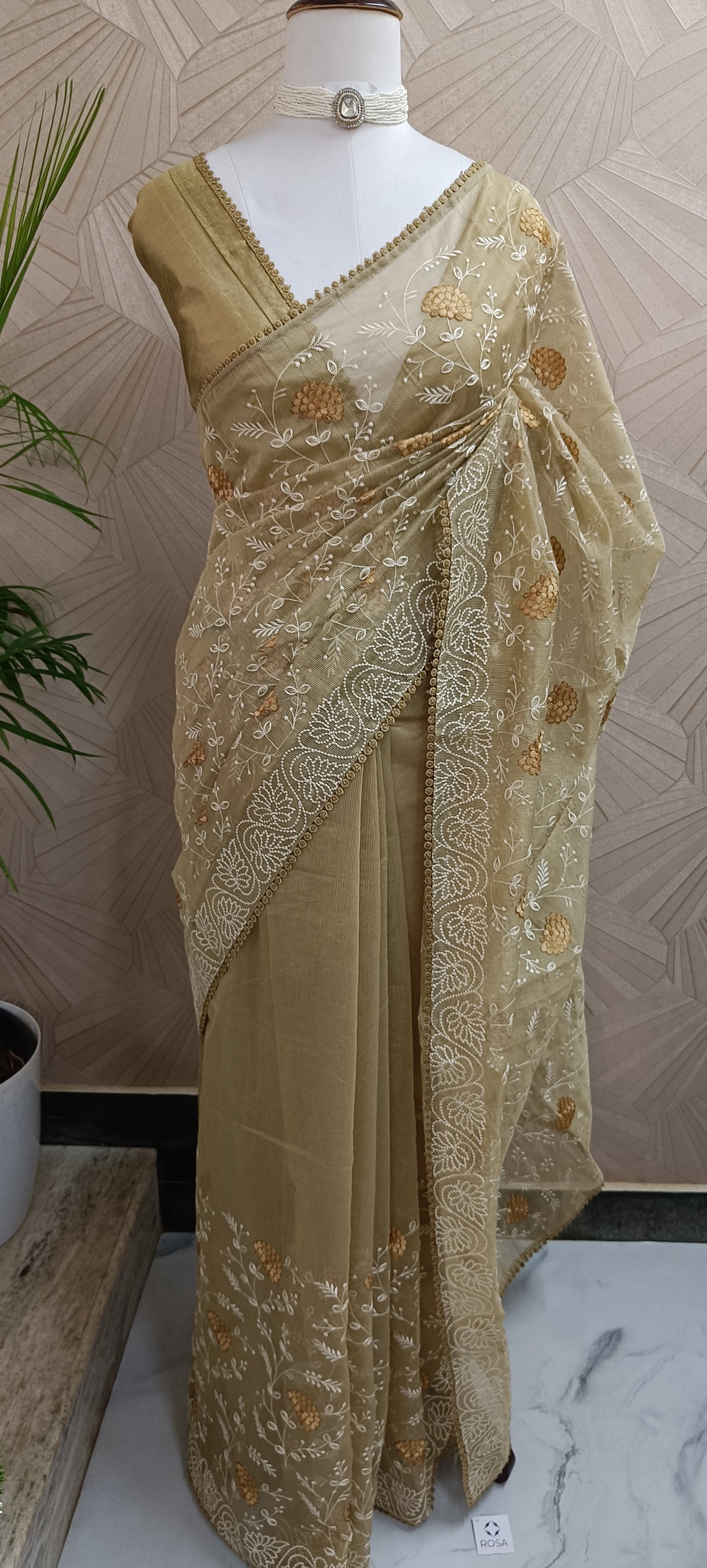 Olive Beige Floral Embroidered Kota Saree
