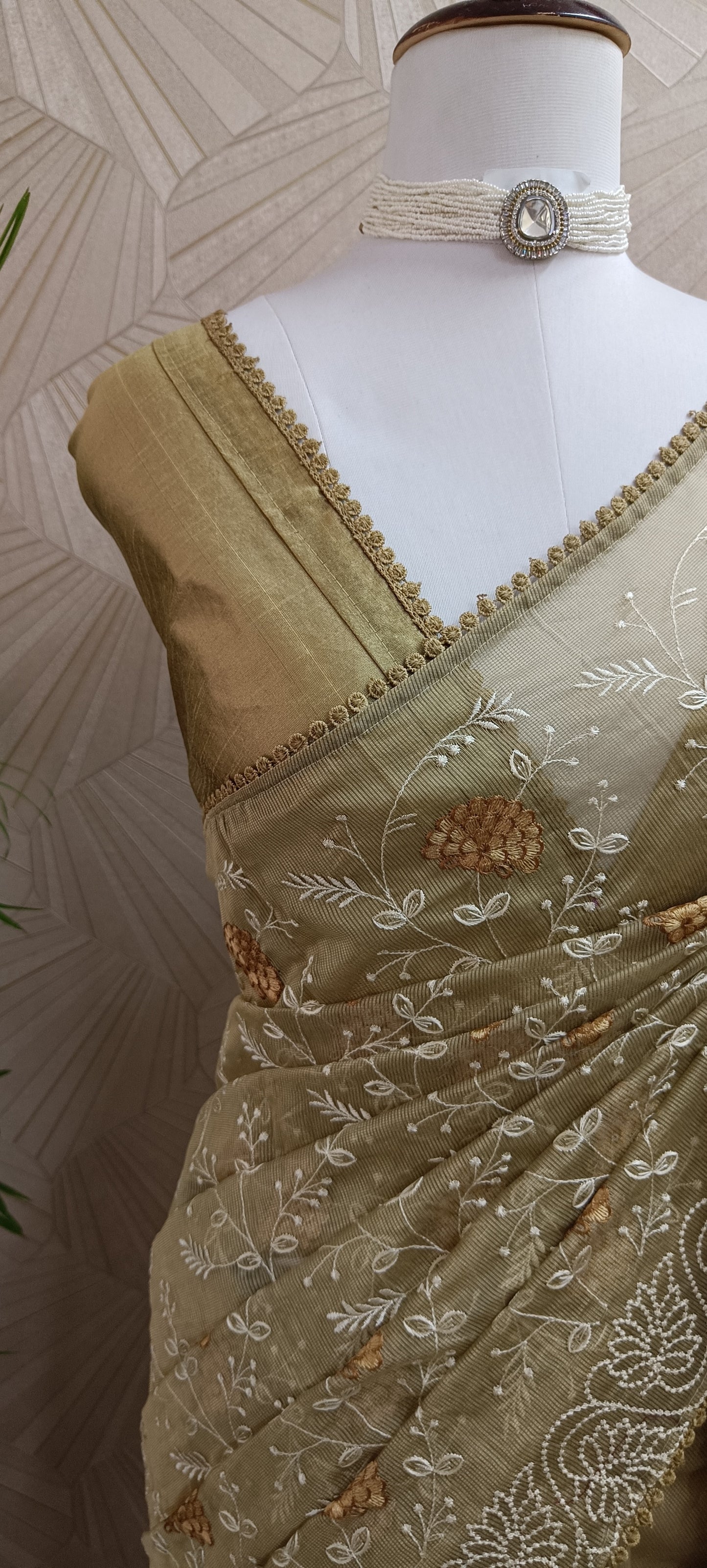 Olive Beige Floral Embroidered Kota Saree