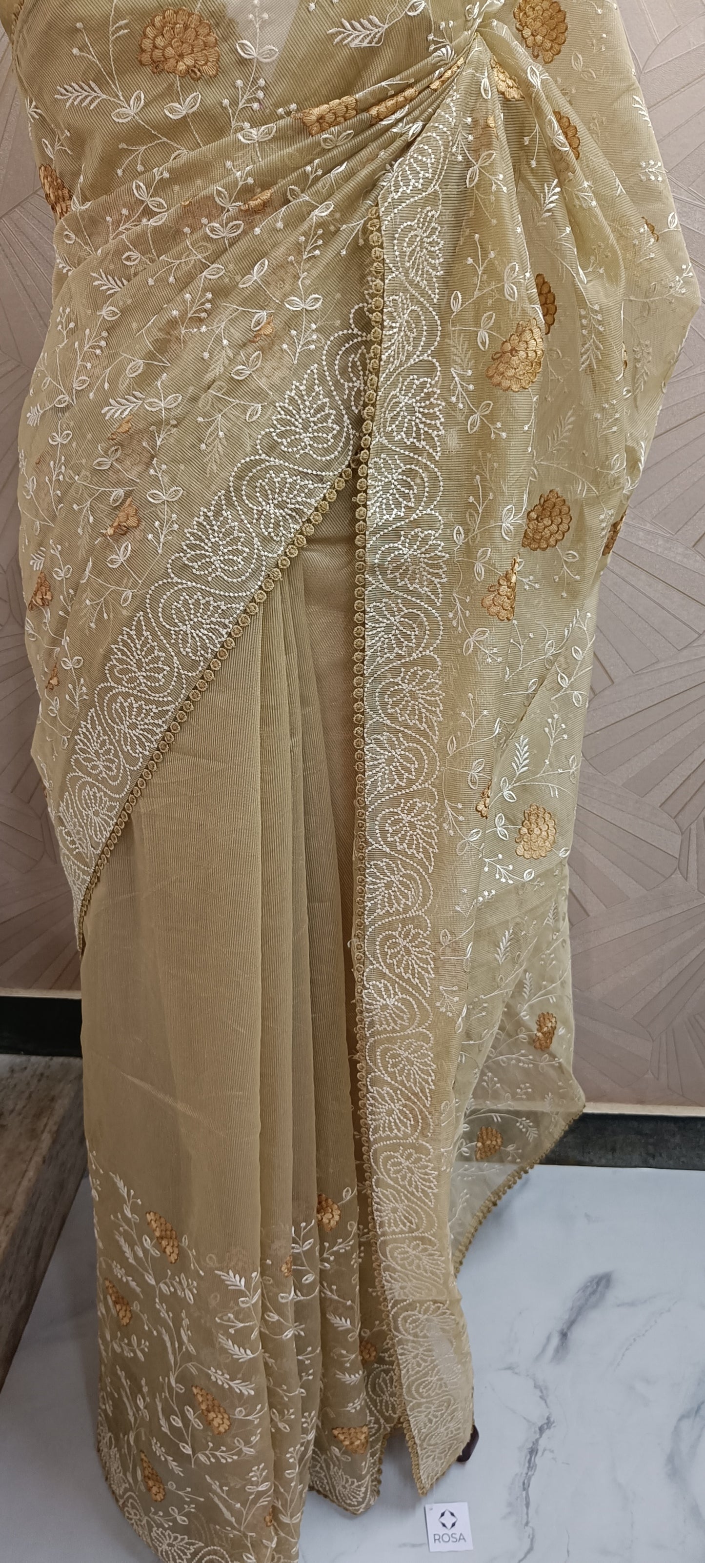 Olive Beige Floral Embroidered Kota Saree