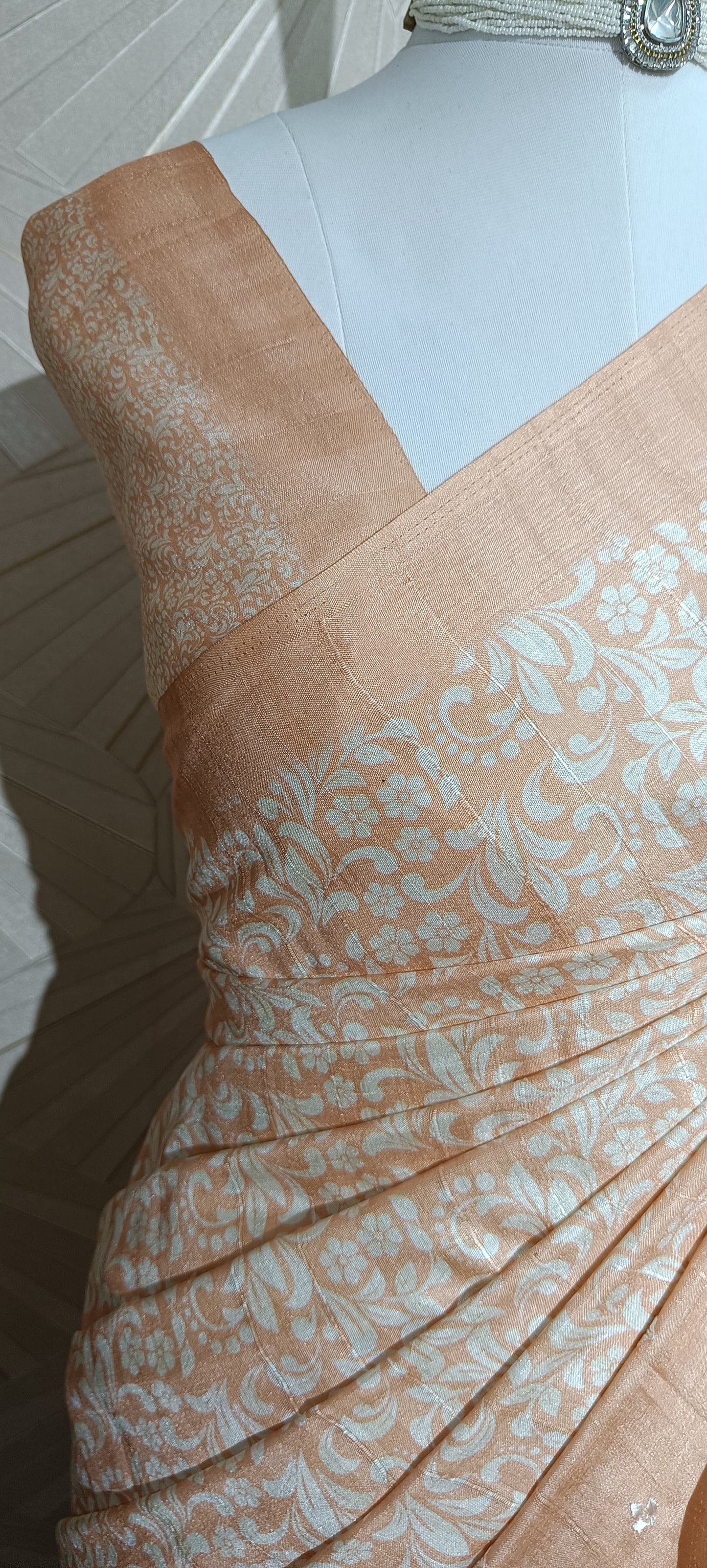 Peach Semi Tussar Saree with Floral Print & Embroidered Pallu