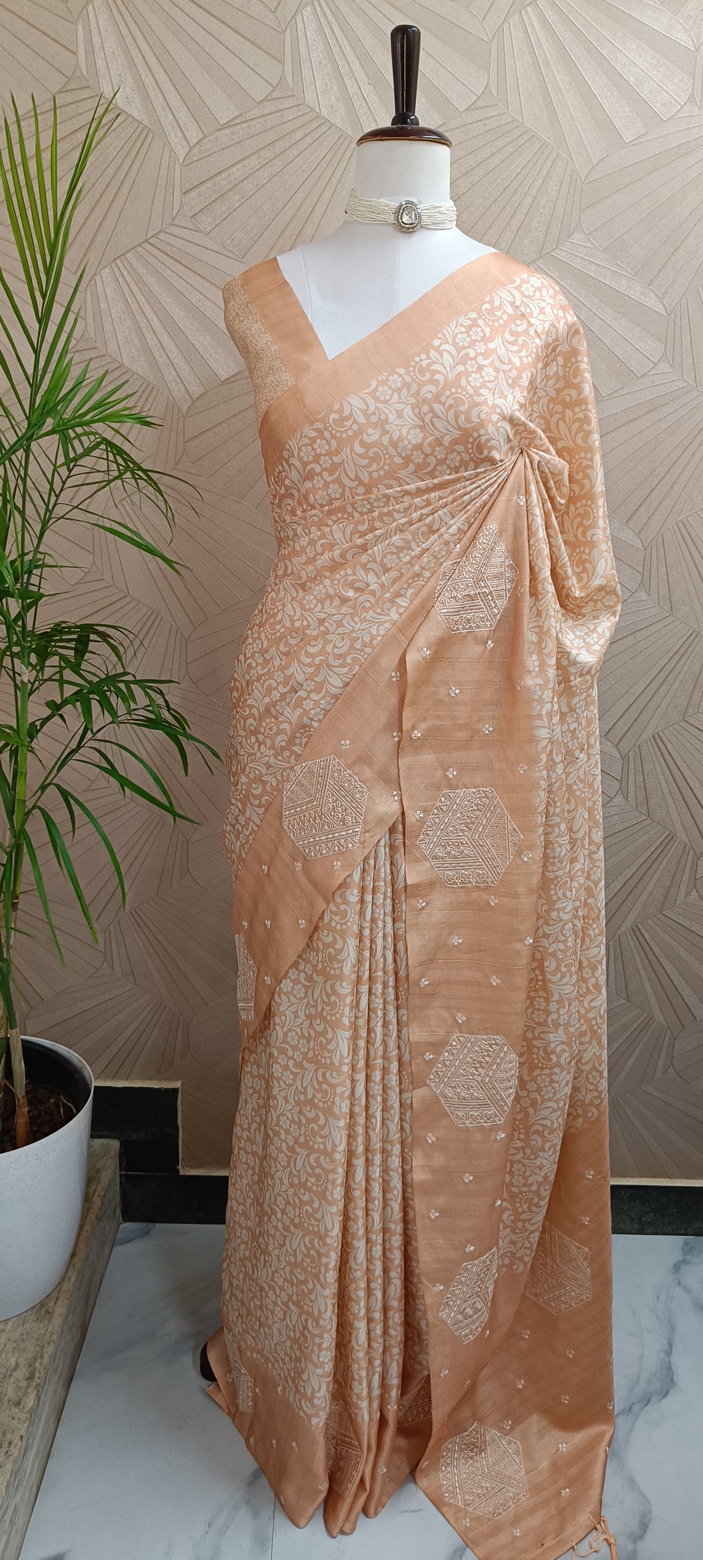 Peach Semi Tussar Saree with Floral Print & Embroidered Pallu