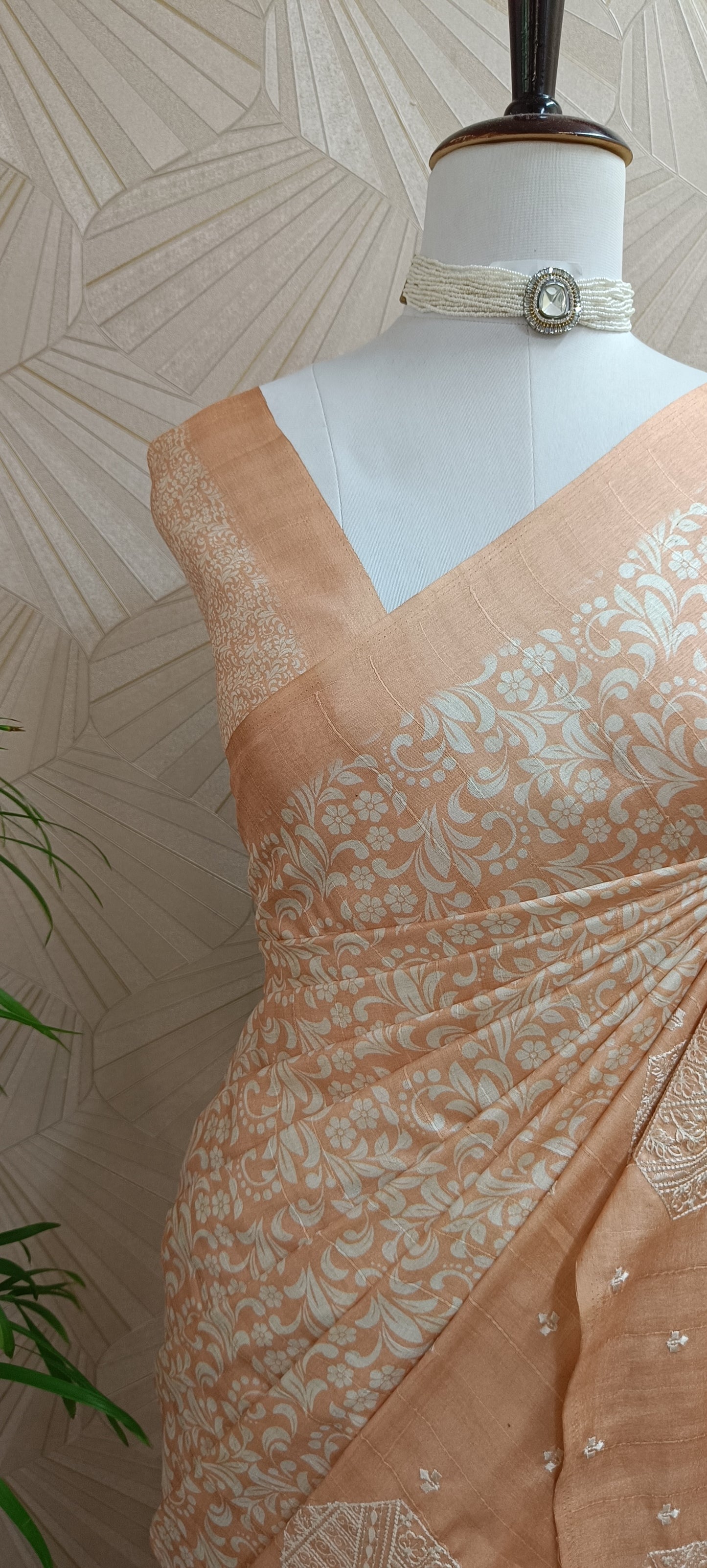 Peach Semi Tussar Saree with Floral Print & Embroidered Pallu