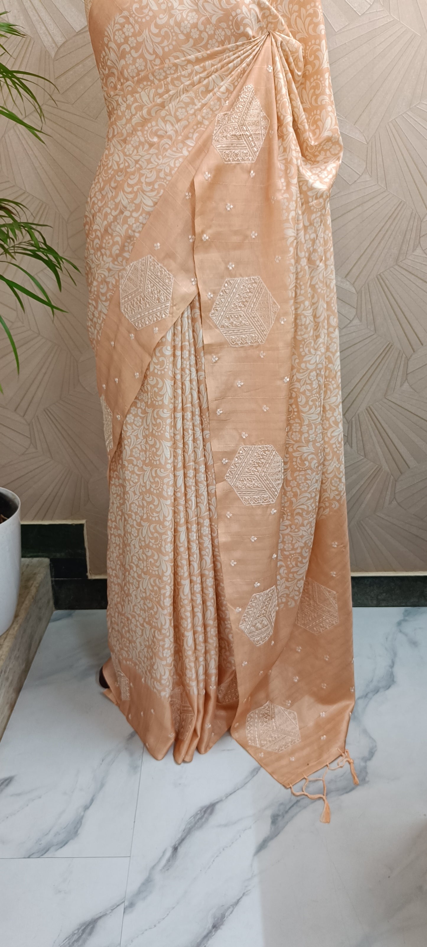 Peach Semi Tussar Saree with Floral Print & Embroidered Pallu