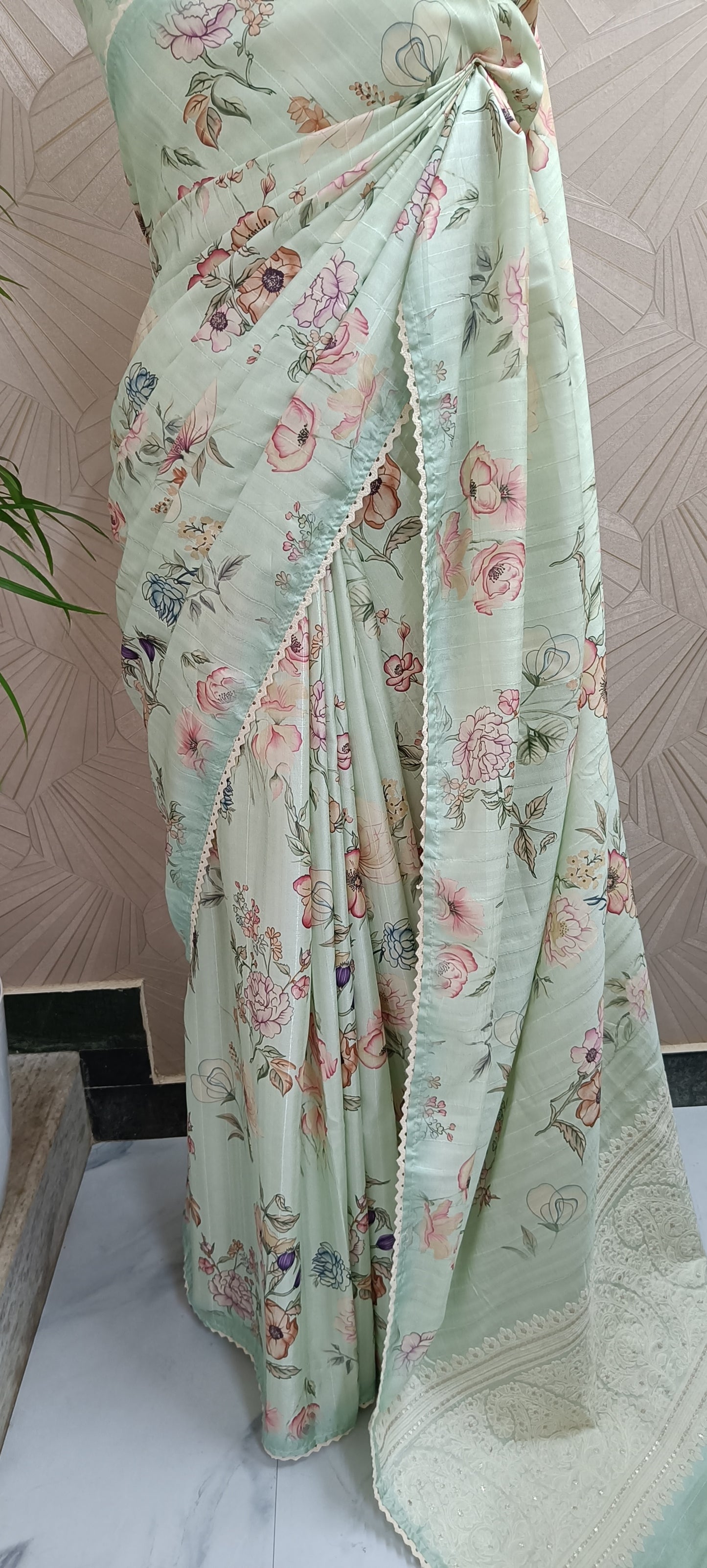 Semi Tussar Digital  Print Saree with Chikankari work