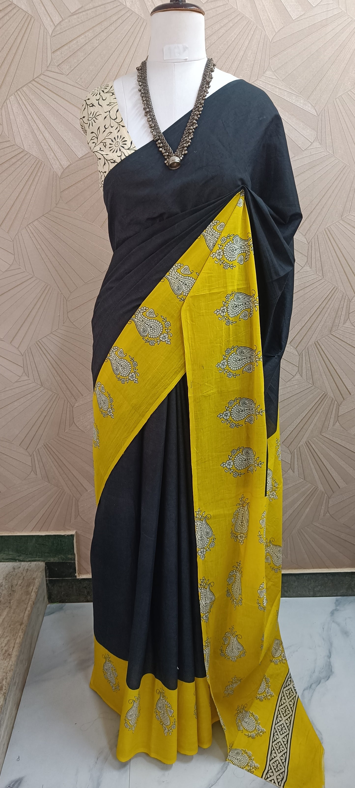 Black & Mustard Hand Block Cotton Saree