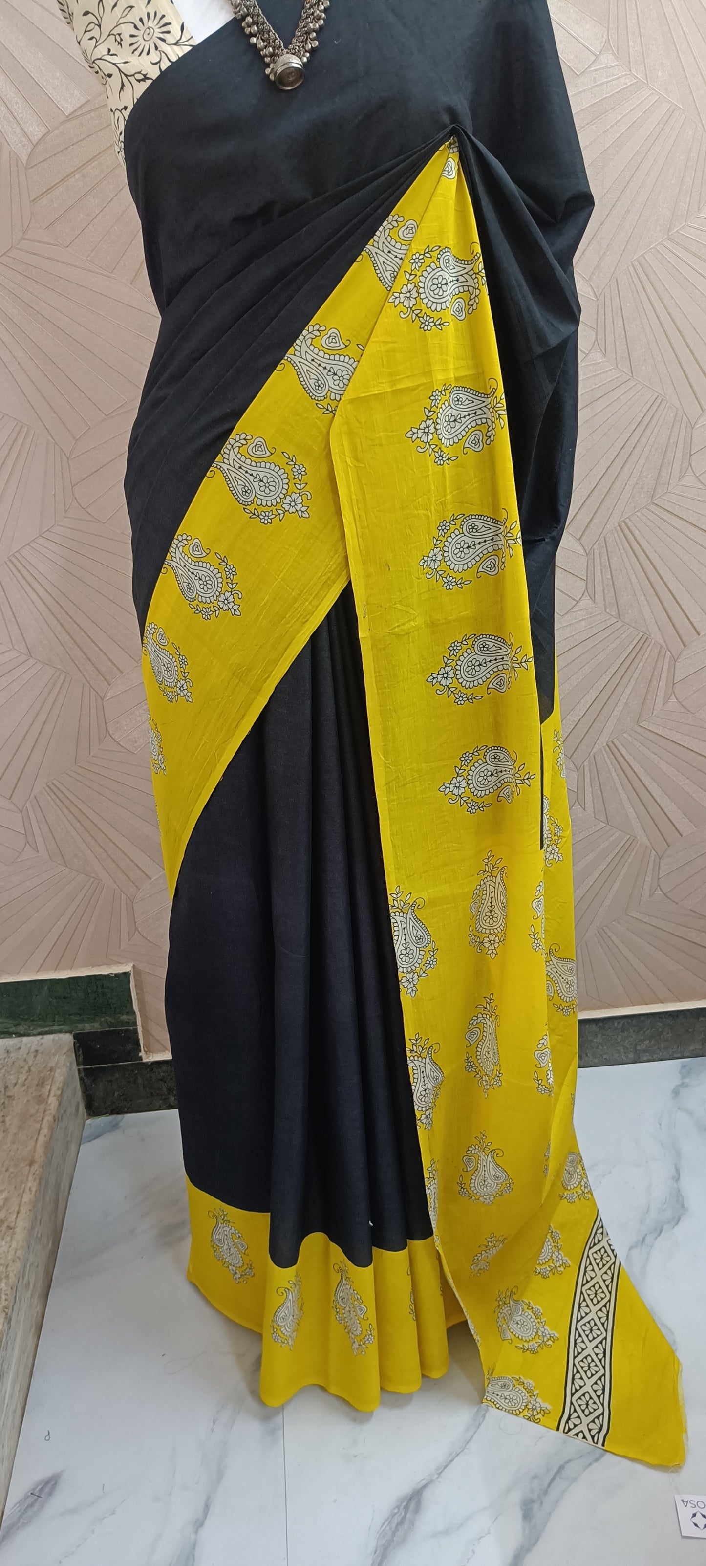 Black & Mustard Hand Block Cotton Saree