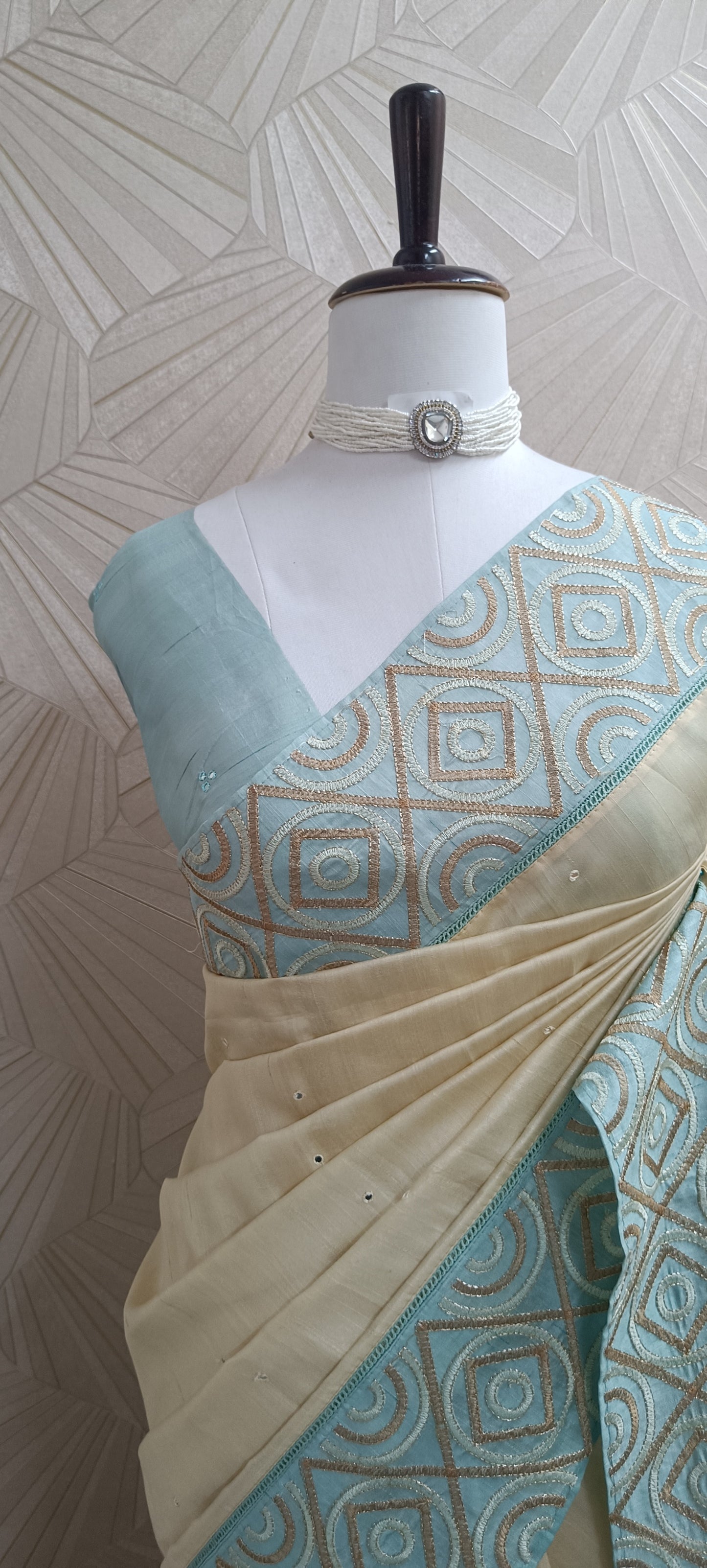 Beige Semi Tussar Saree With Aqua Blue Embroidered Border