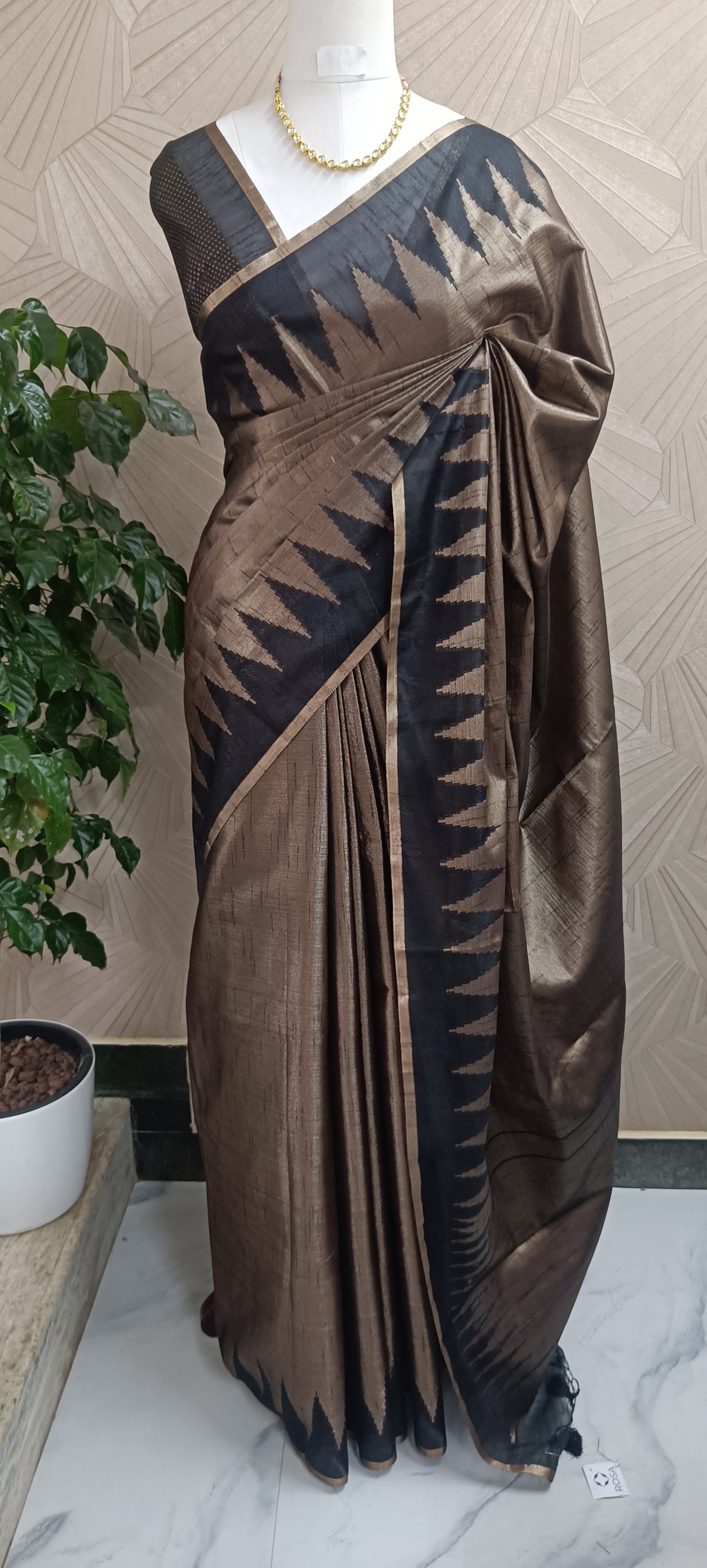 Temple Border Black Copper Semi Silk Saree