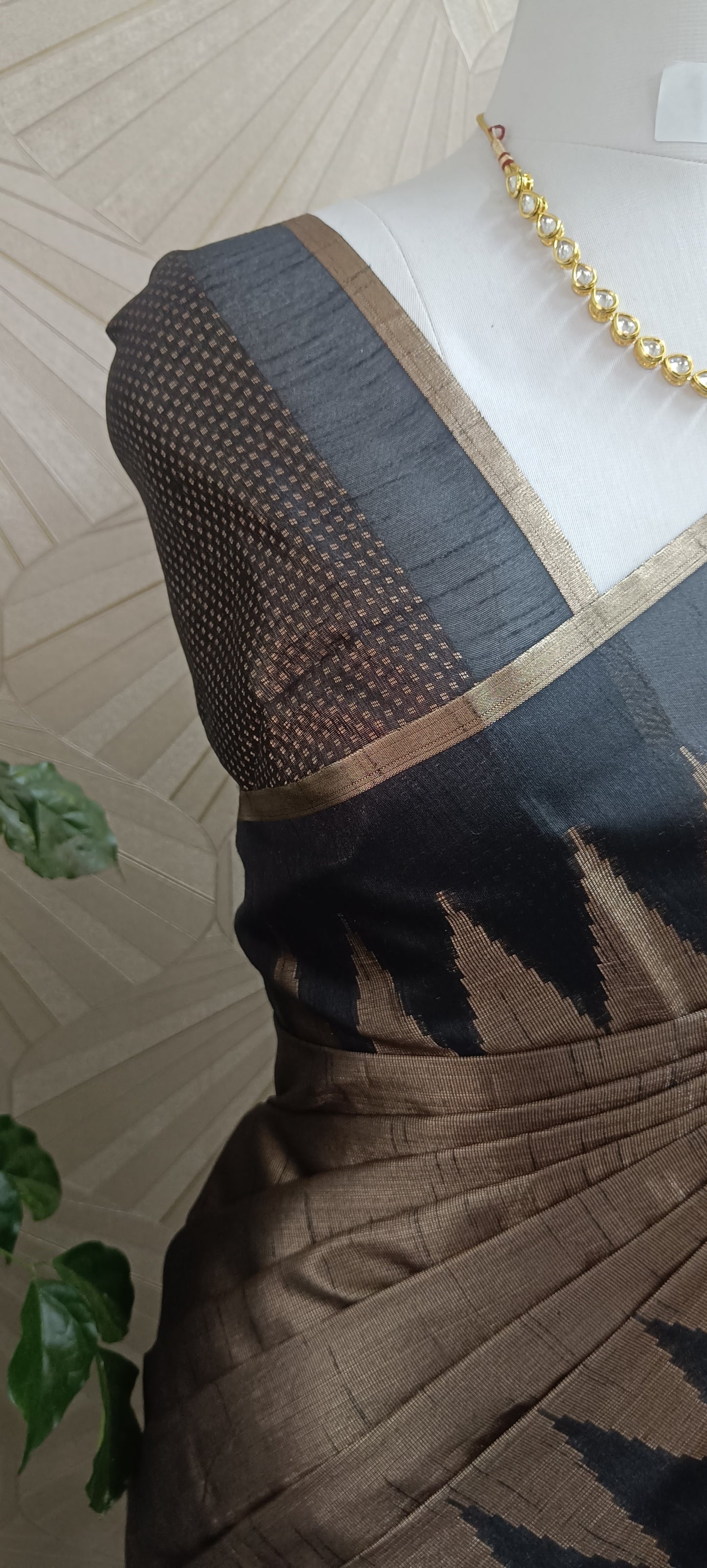 Temple Border Black Copper Semi Silk Saree