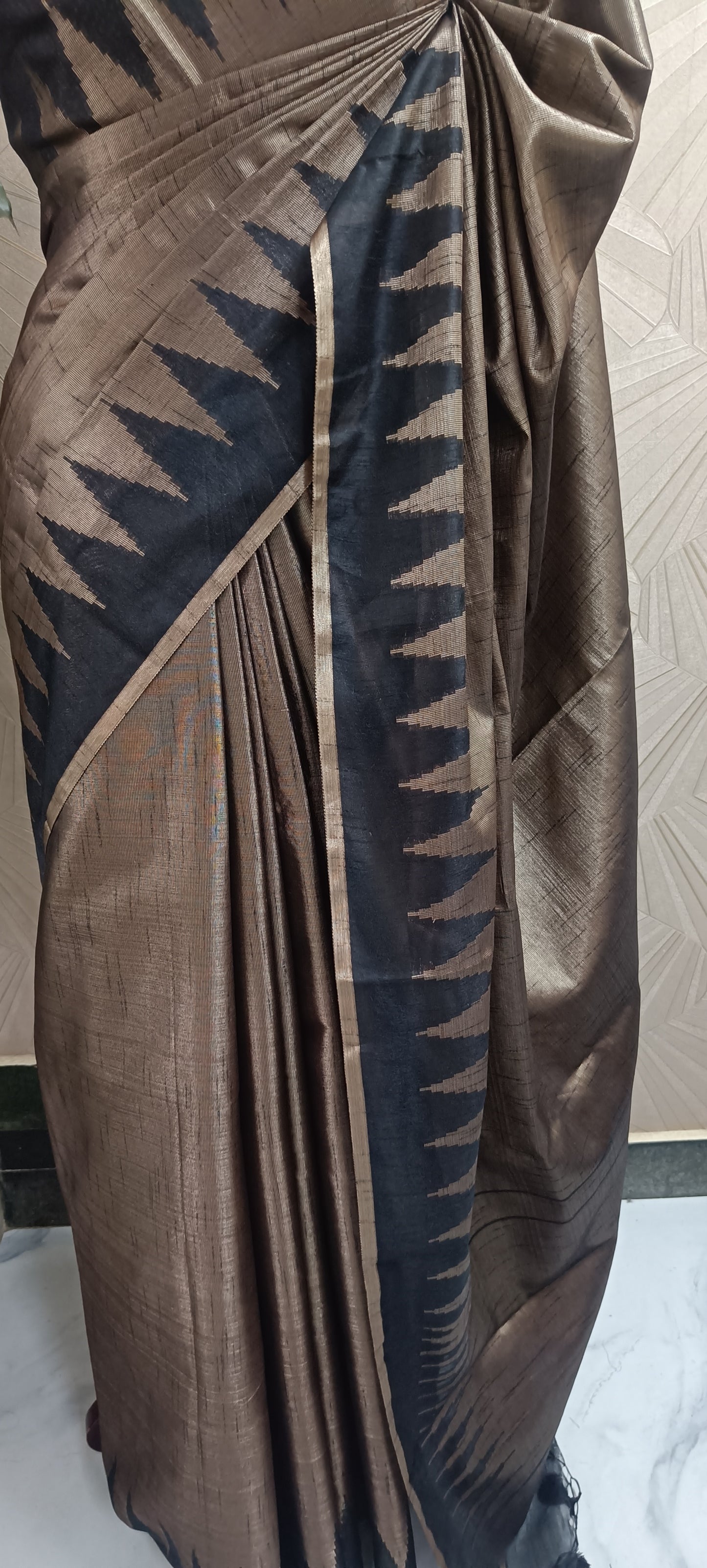 Temple Border Black Copper Semi Silk Saree