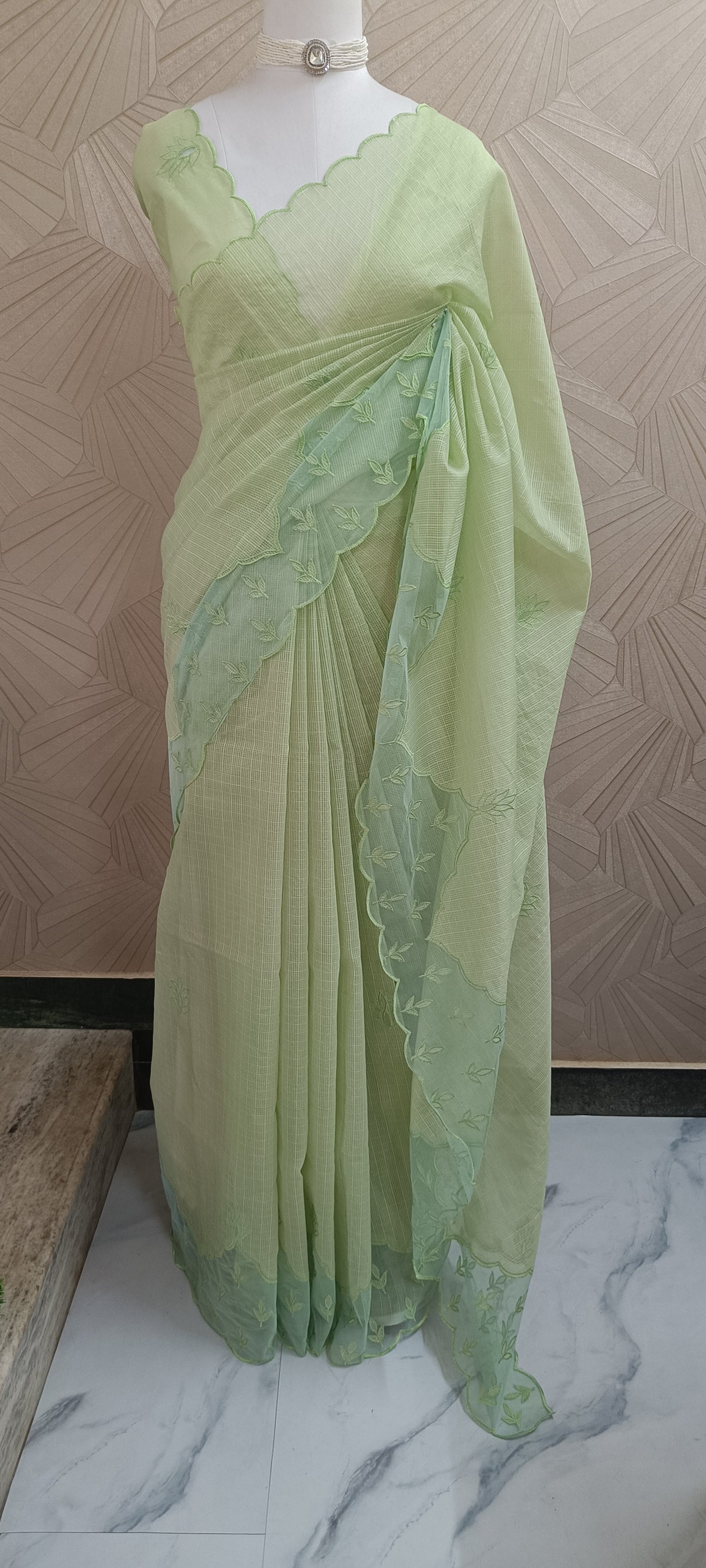 Kota Saree with Net Appliqué work and Scallop border