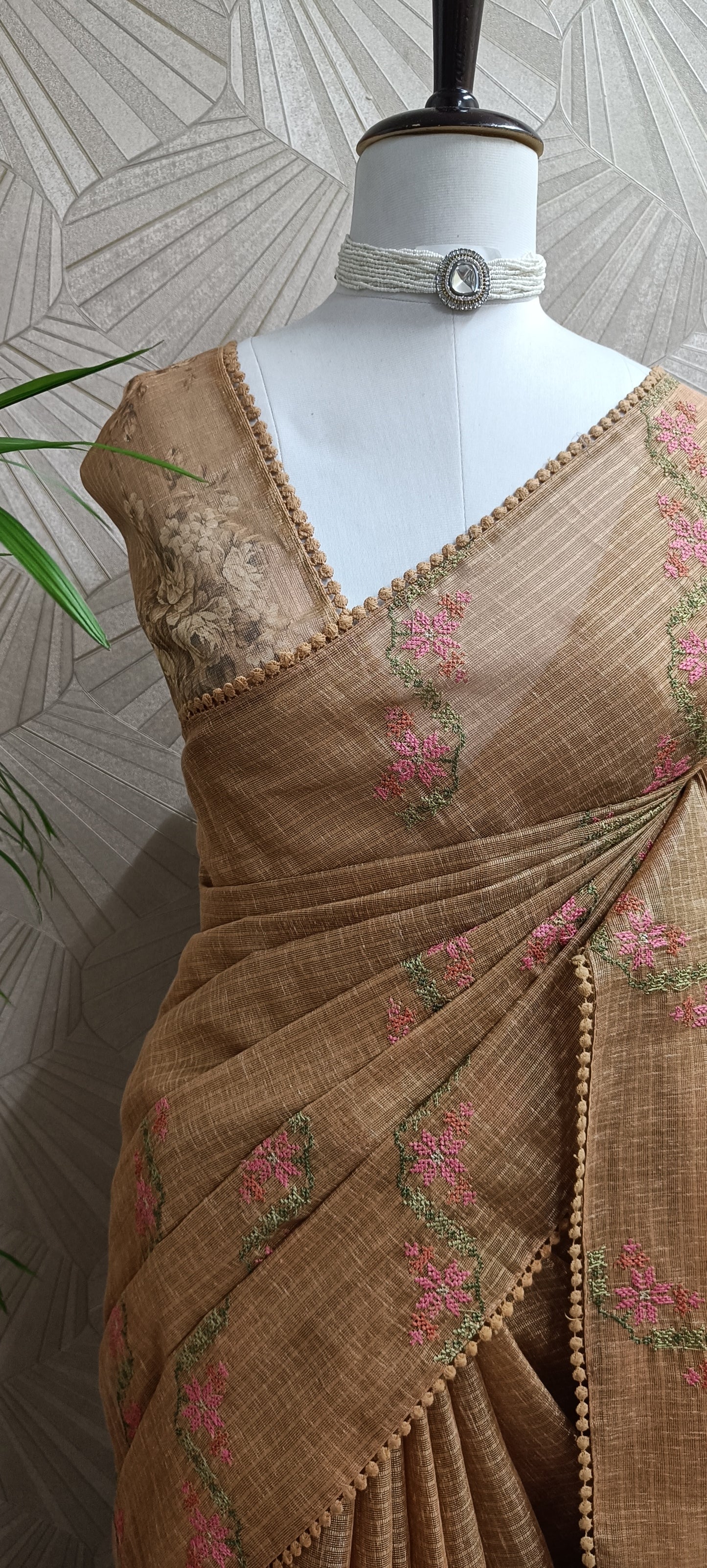 Brown Tissue Saree with Delicate Cross-Stitch Embroidery