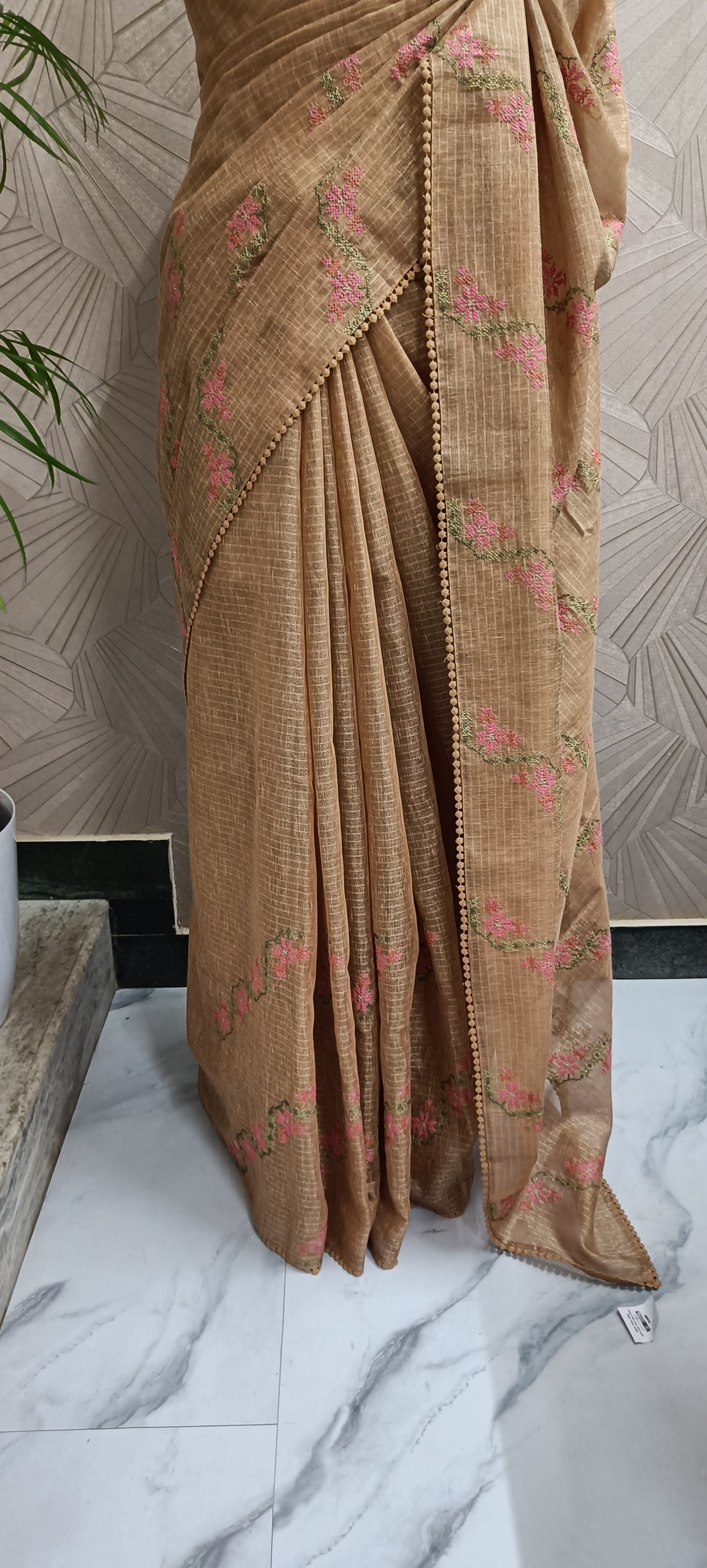 Brown Tissue Saree with Delicate Cross-Stitch Embroidery